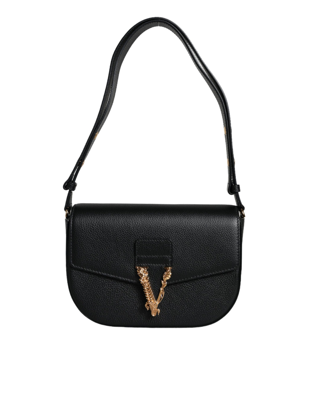 Sac à bandoulière versace en cuir de veau grainé noir avec logo emblématique, style élégant et sophistiqué.