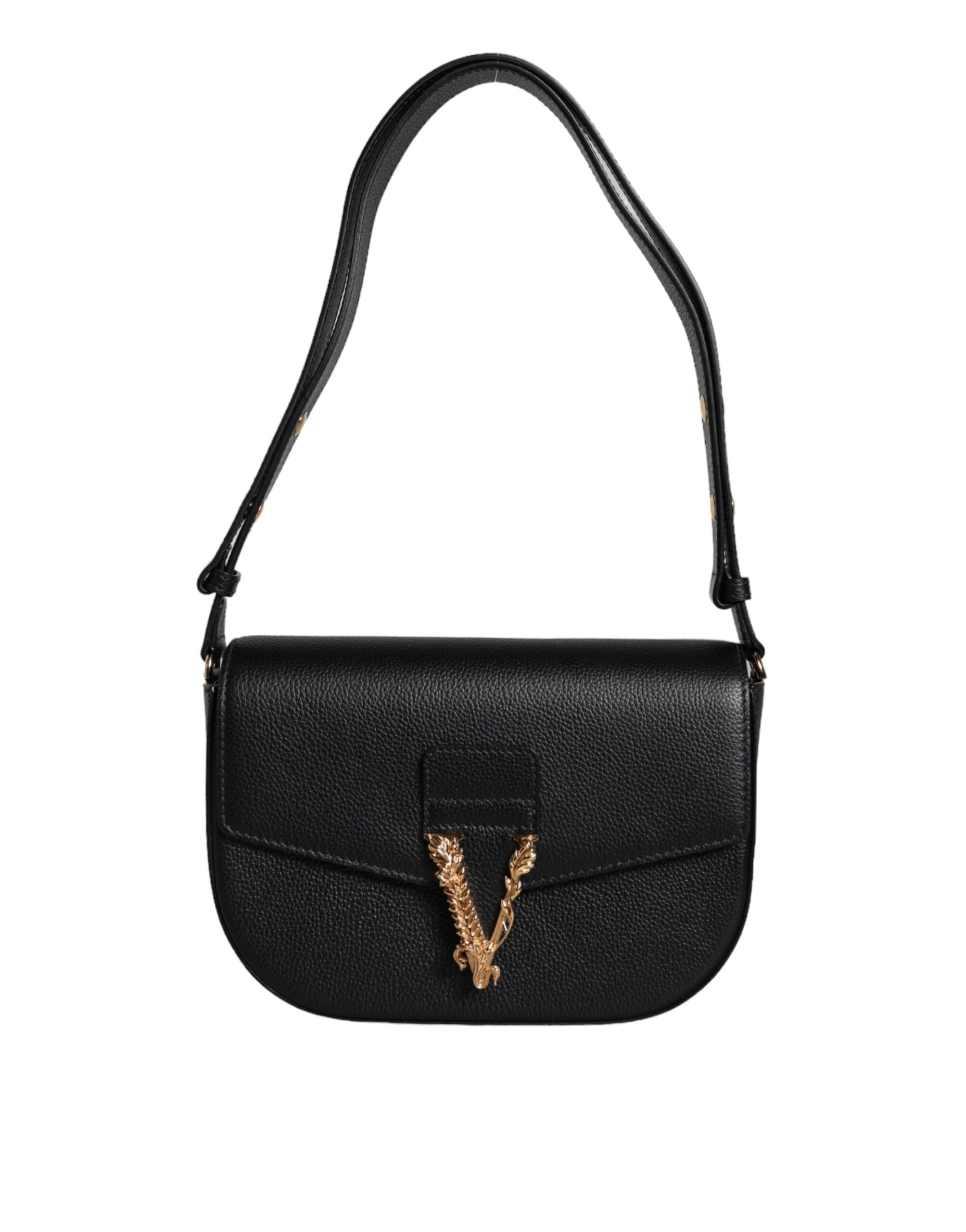 Sac à bandoulière versace en cuir de veau grainé noir avec logo emblématique, style élégant et sophistiqué.