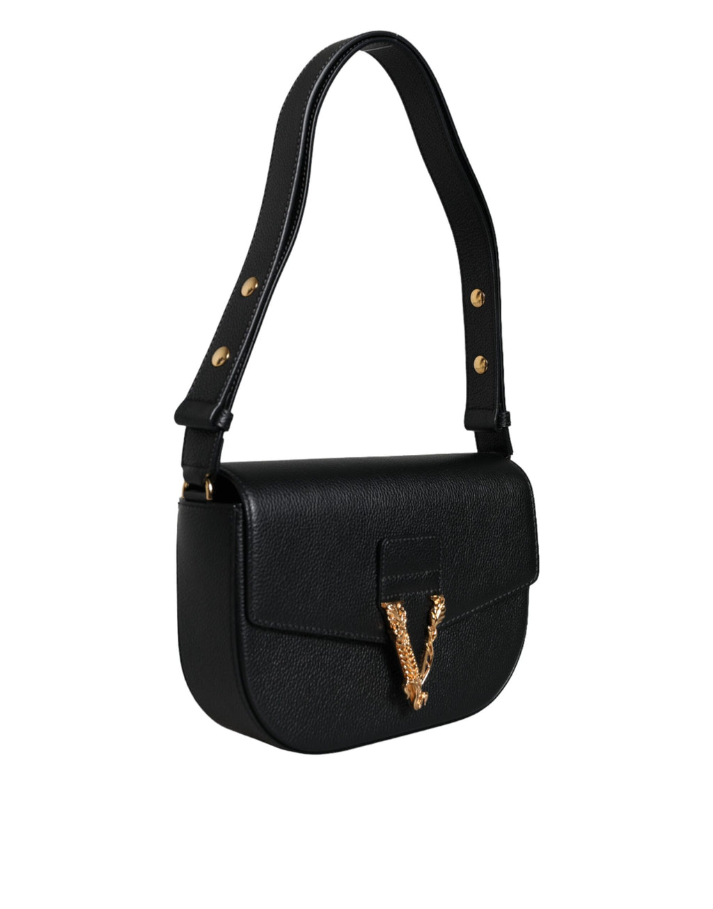Sac à bandoulière en cuir grainé noir Versace avec logo, élégant et pratique pour un style sophistiqué.