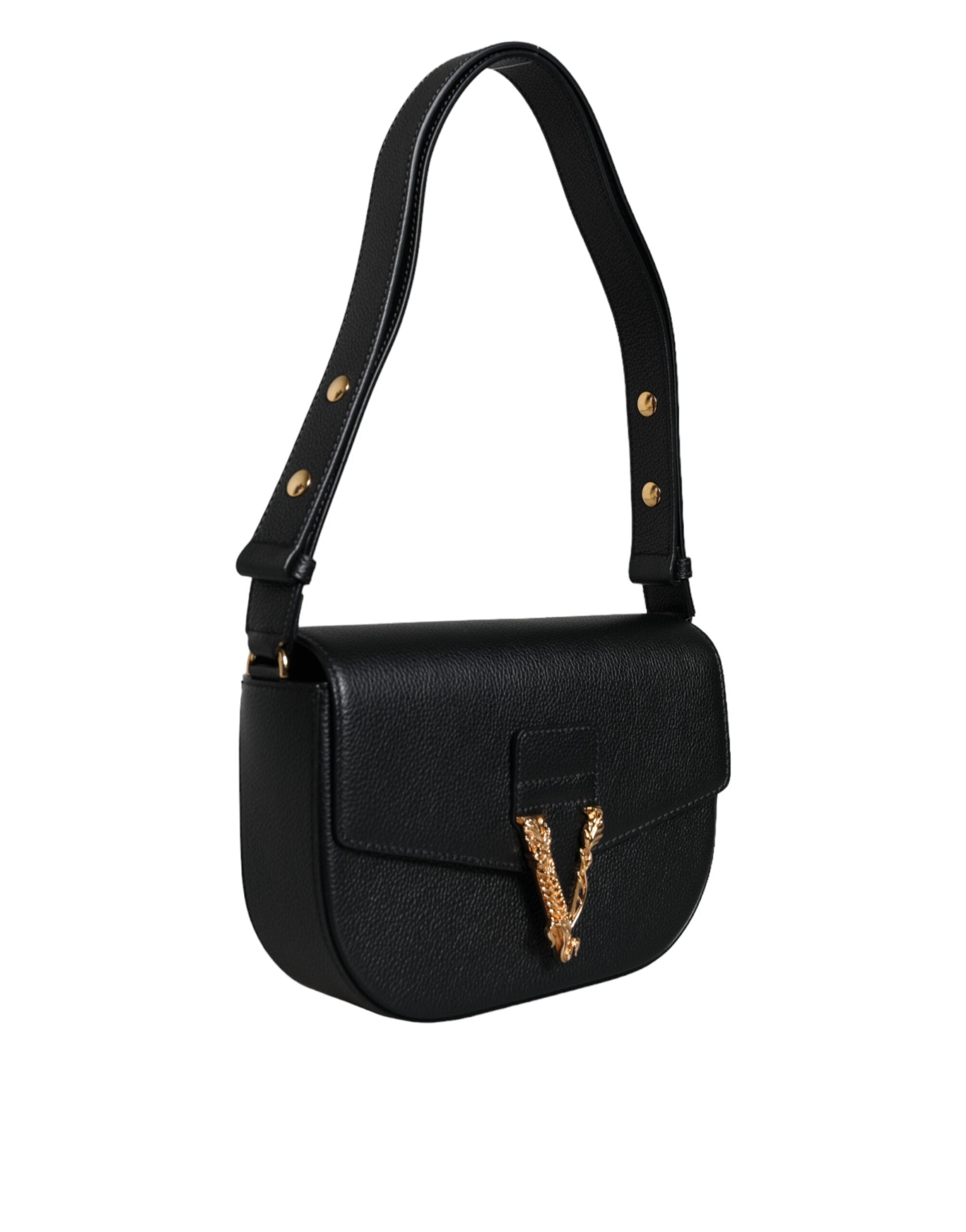 Sac à bandoulière en cuir grainé noir Versace avec logo, élégant et pratique pour un style sophistiqué.