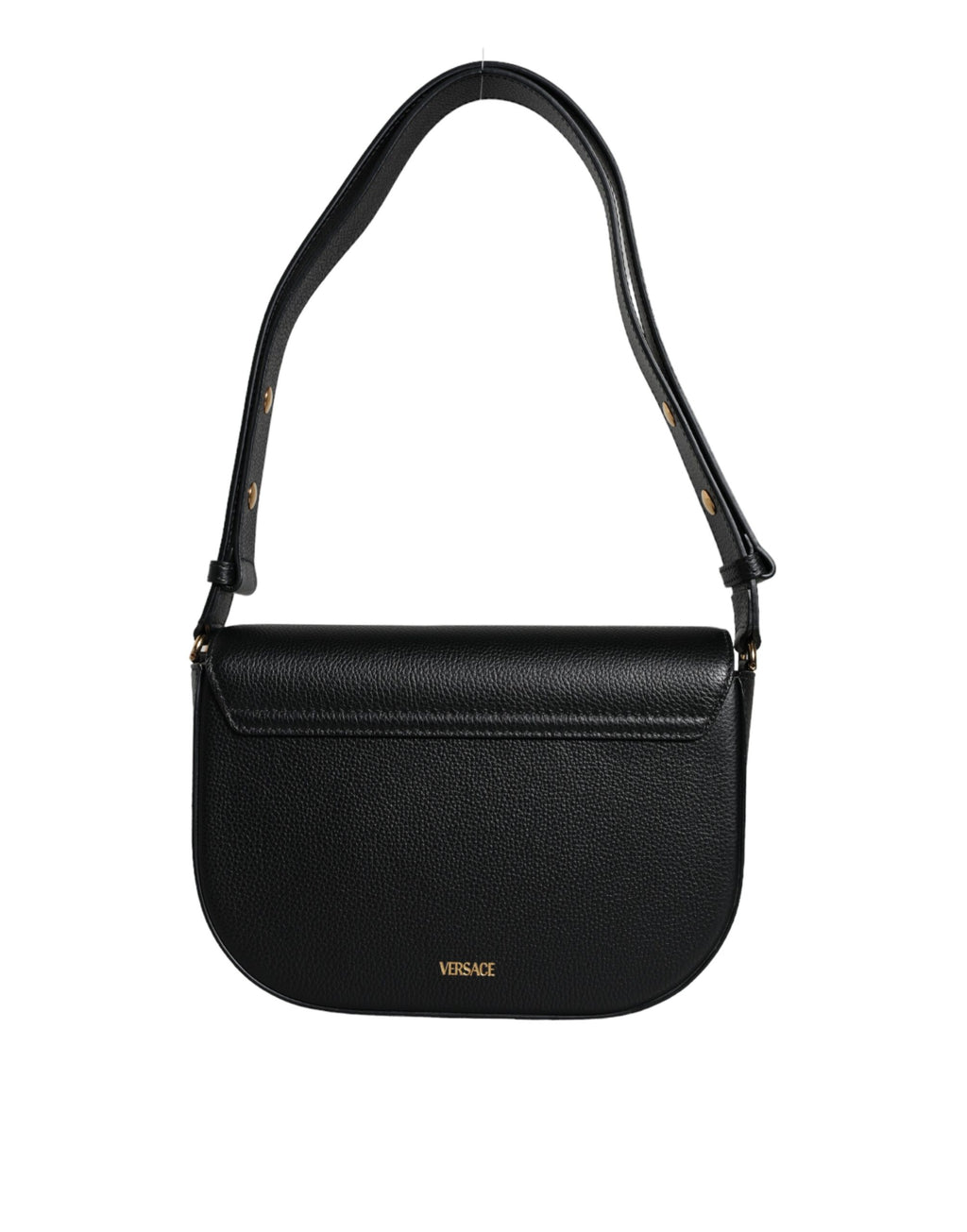 Sac à bandoulière Versace en cuir grainé noir avec logo emblématique, élégant et pratique pour un style sophistiqué.