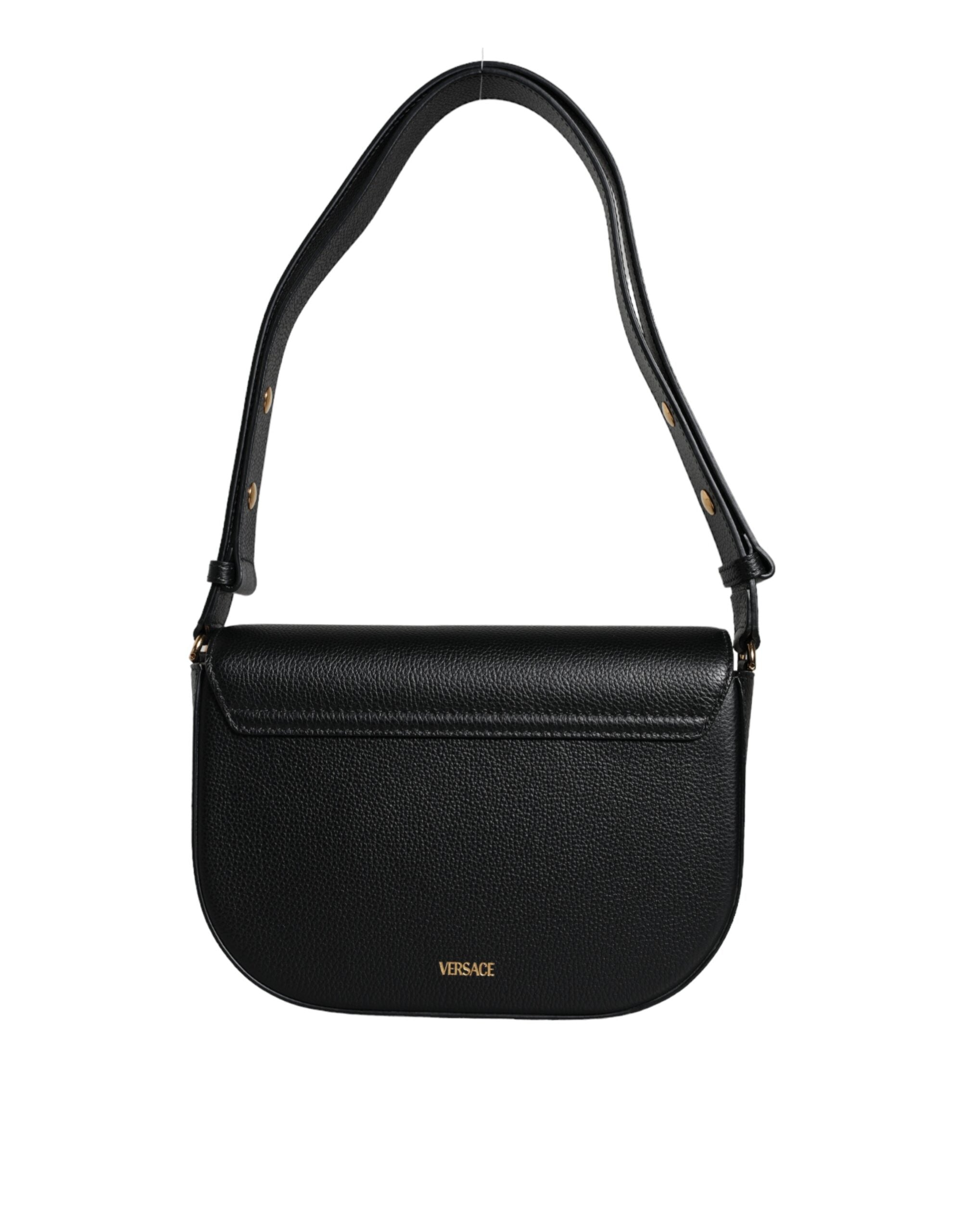 Sac à bandoulière Versace en cuir grainé noir avec logo emblématique, élégant et pratique pour un style sophistiqué.