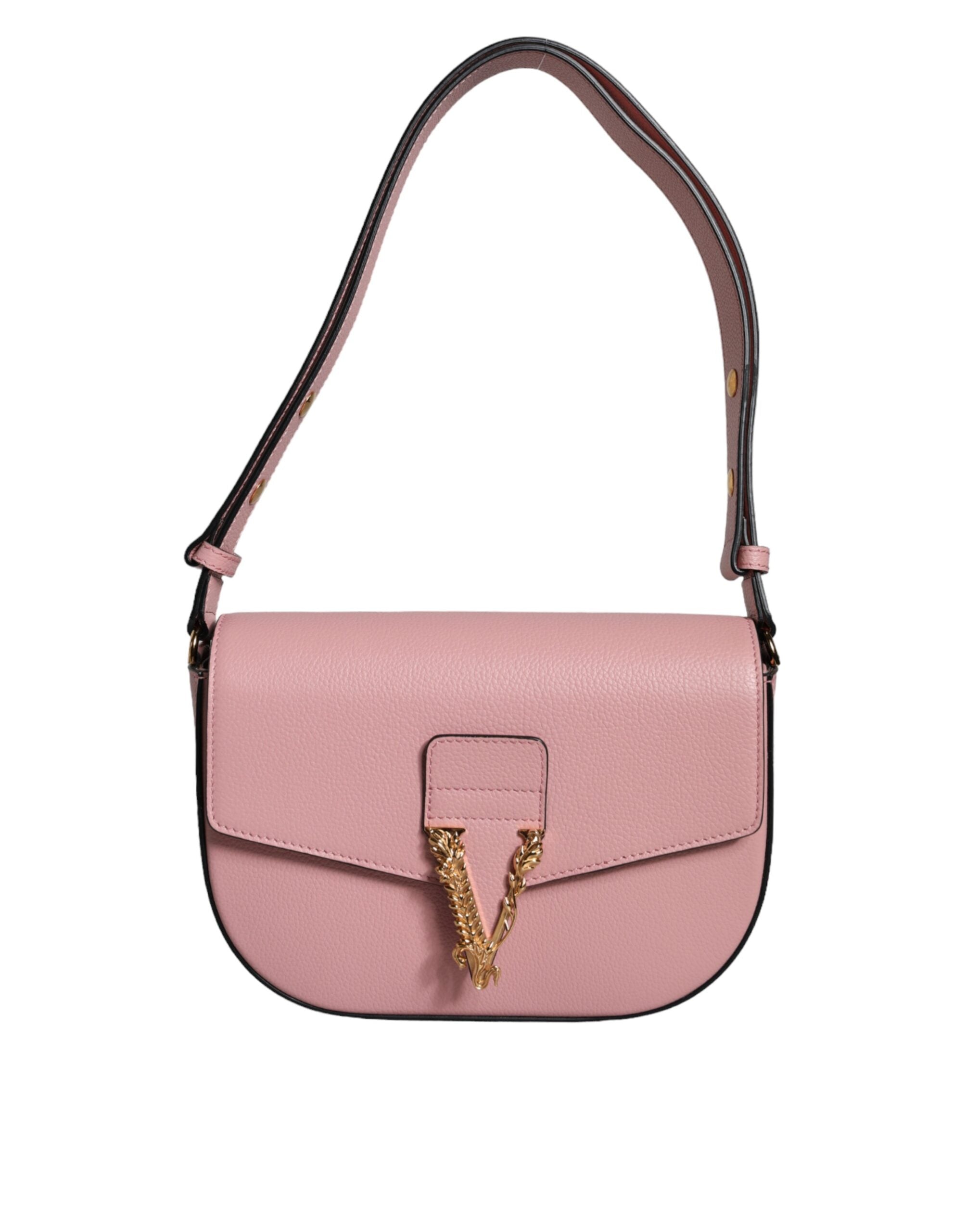 Sac à bandoulière en cuir grainé rose Versace avec logo, style élégant et design sophistiqué.