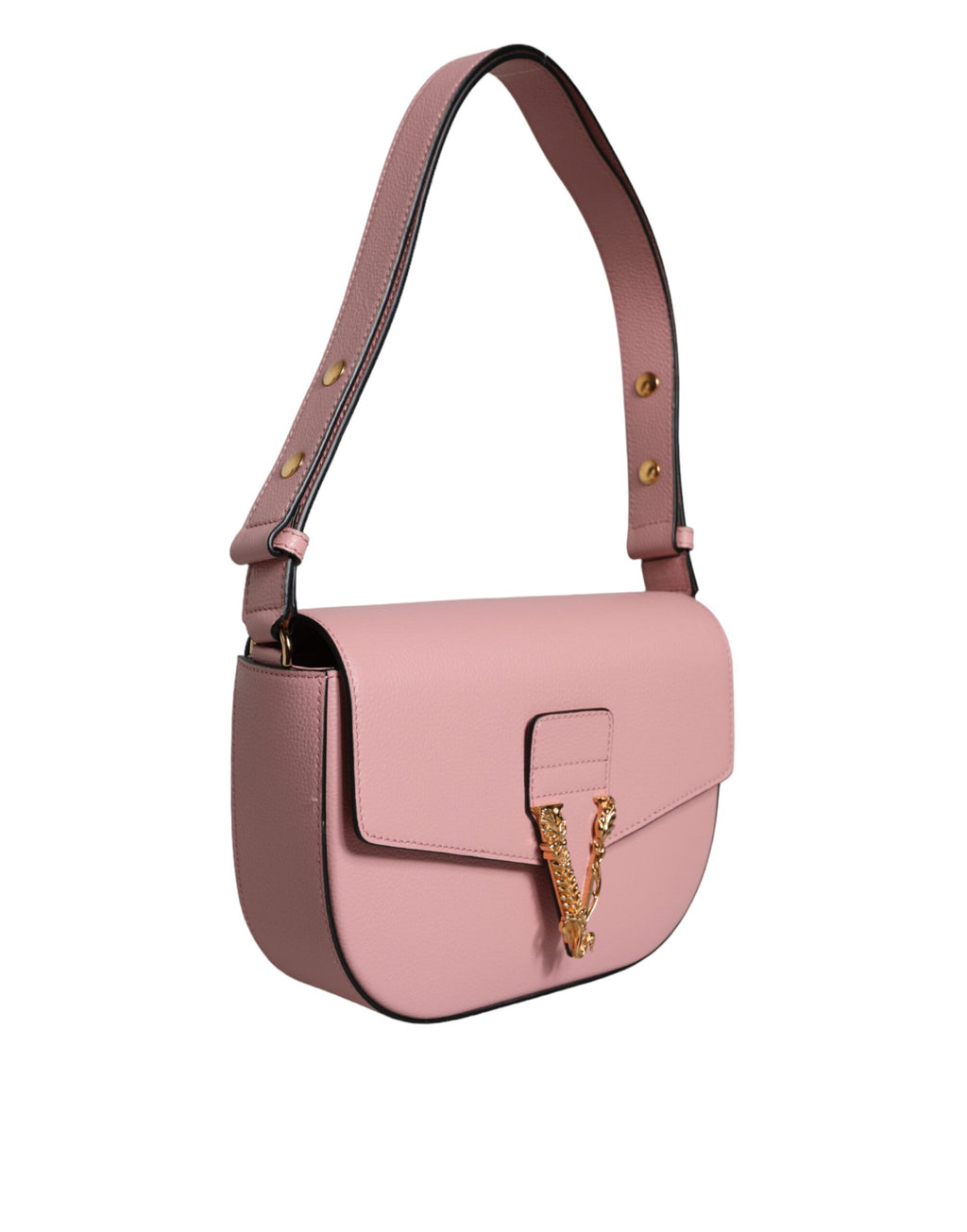 Sac à main à bandoulière Versace rose en cuir grainé avec logo, élégant et compact, idéal pour un style sophistiqué.