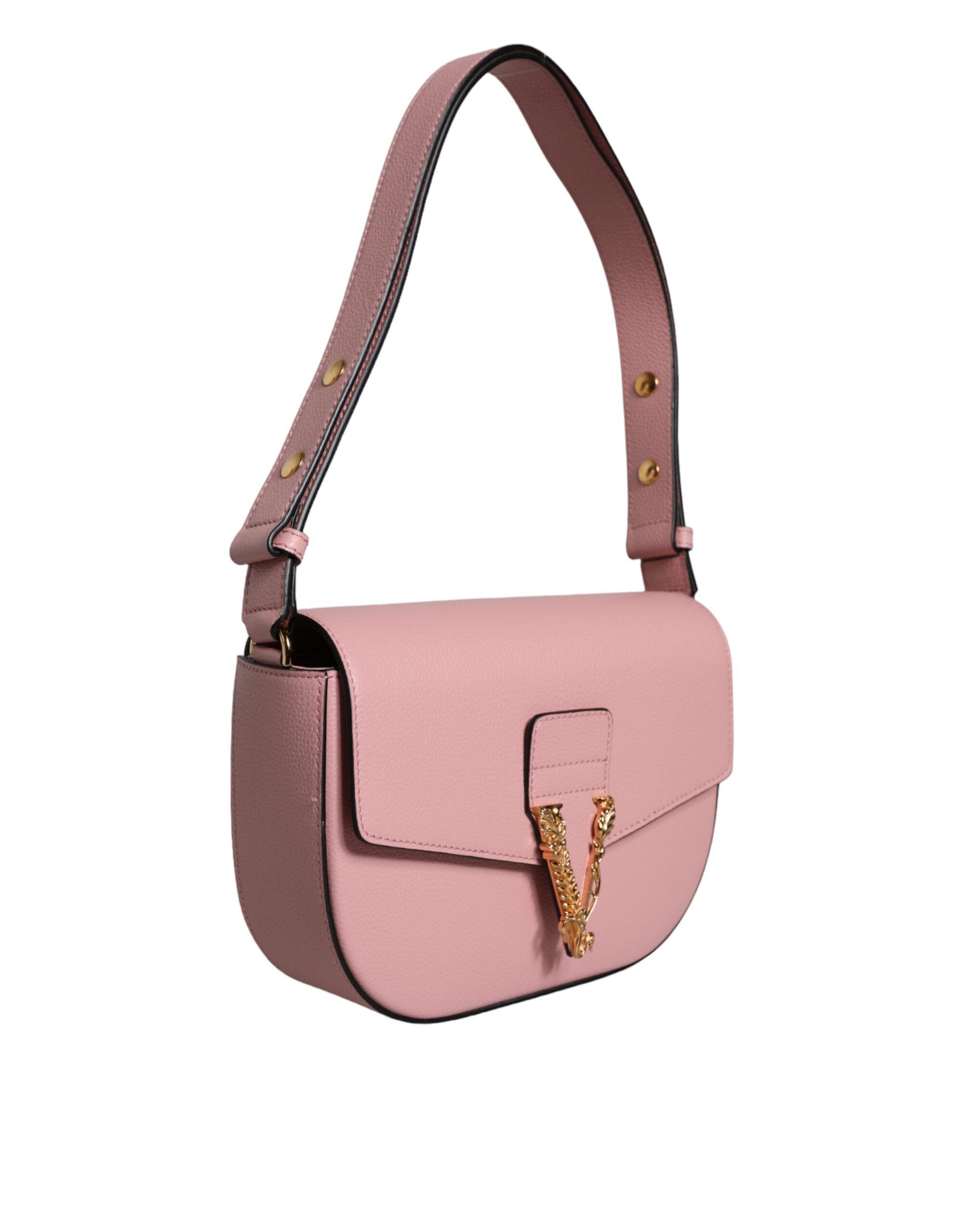 Sac à main à bandoulière Versace rose en cuir grainé avec logo, élégant et compact, idéal pour un style sophistiqué.