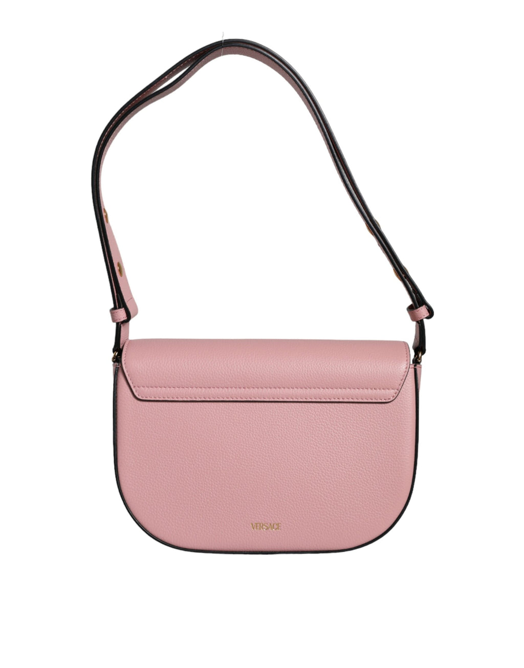 Sac à bandoulière Versace en cuir grainé rose avec logo emblématique, idéal pour un style élégant et sophistiqué.