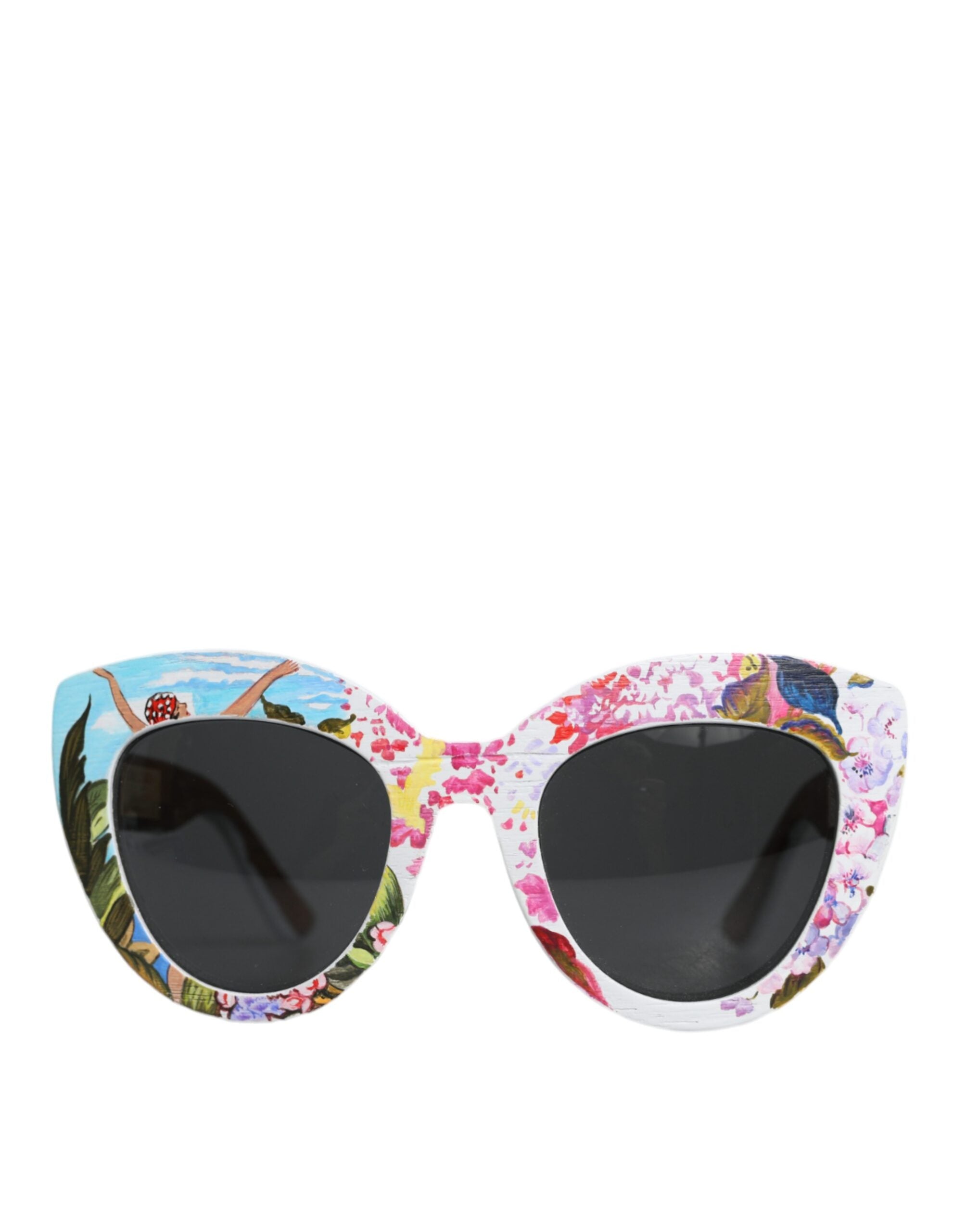 Lunettes de soleil Dolce & Gabbana multicolores en bois, cristal et laiton avec cadre floral peint à la main.