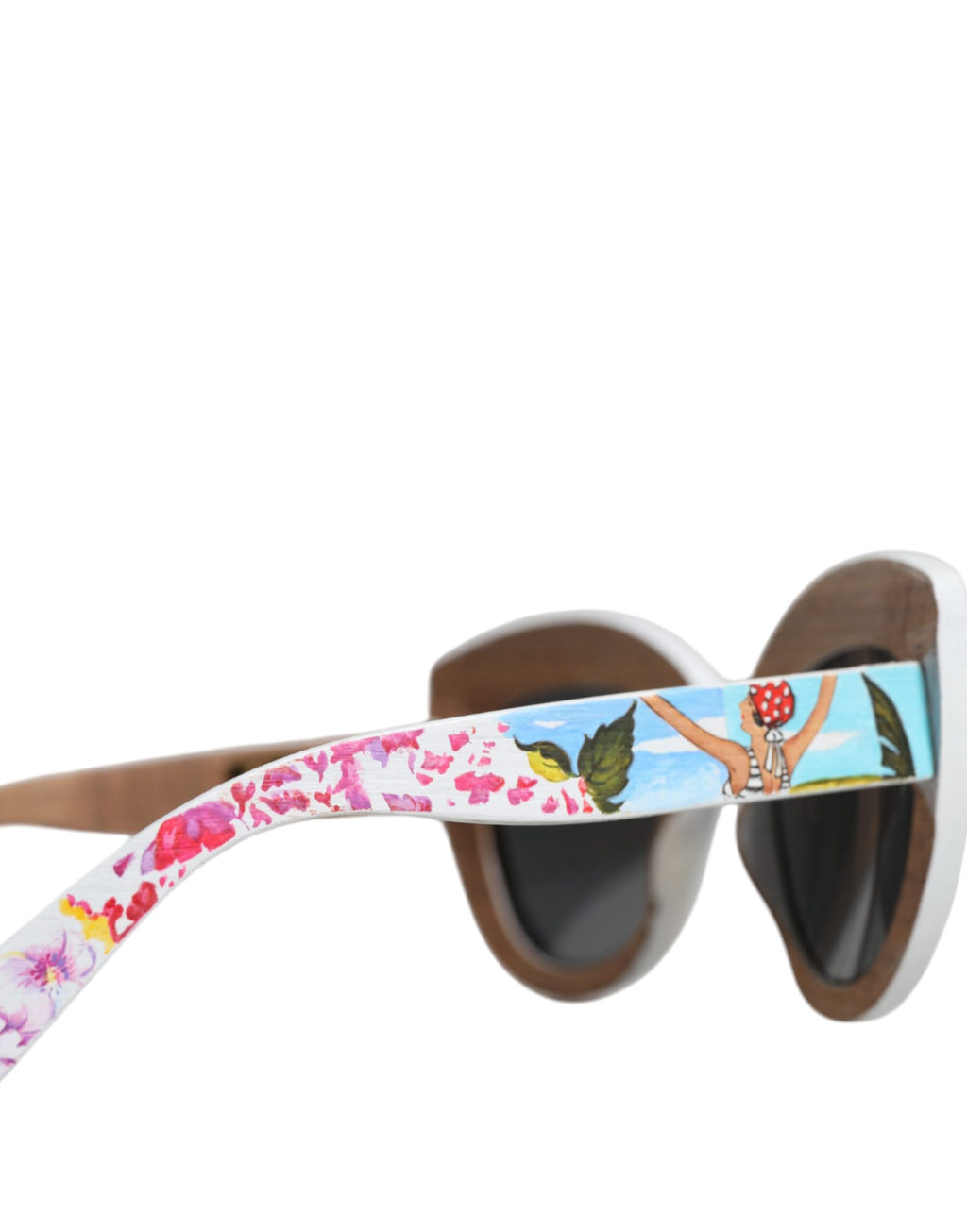 Lunettes de soleil Dolce & Gabbana avec cadre floral en bois multicolore, cristaux et finition en laiton, style élégant et coloré.