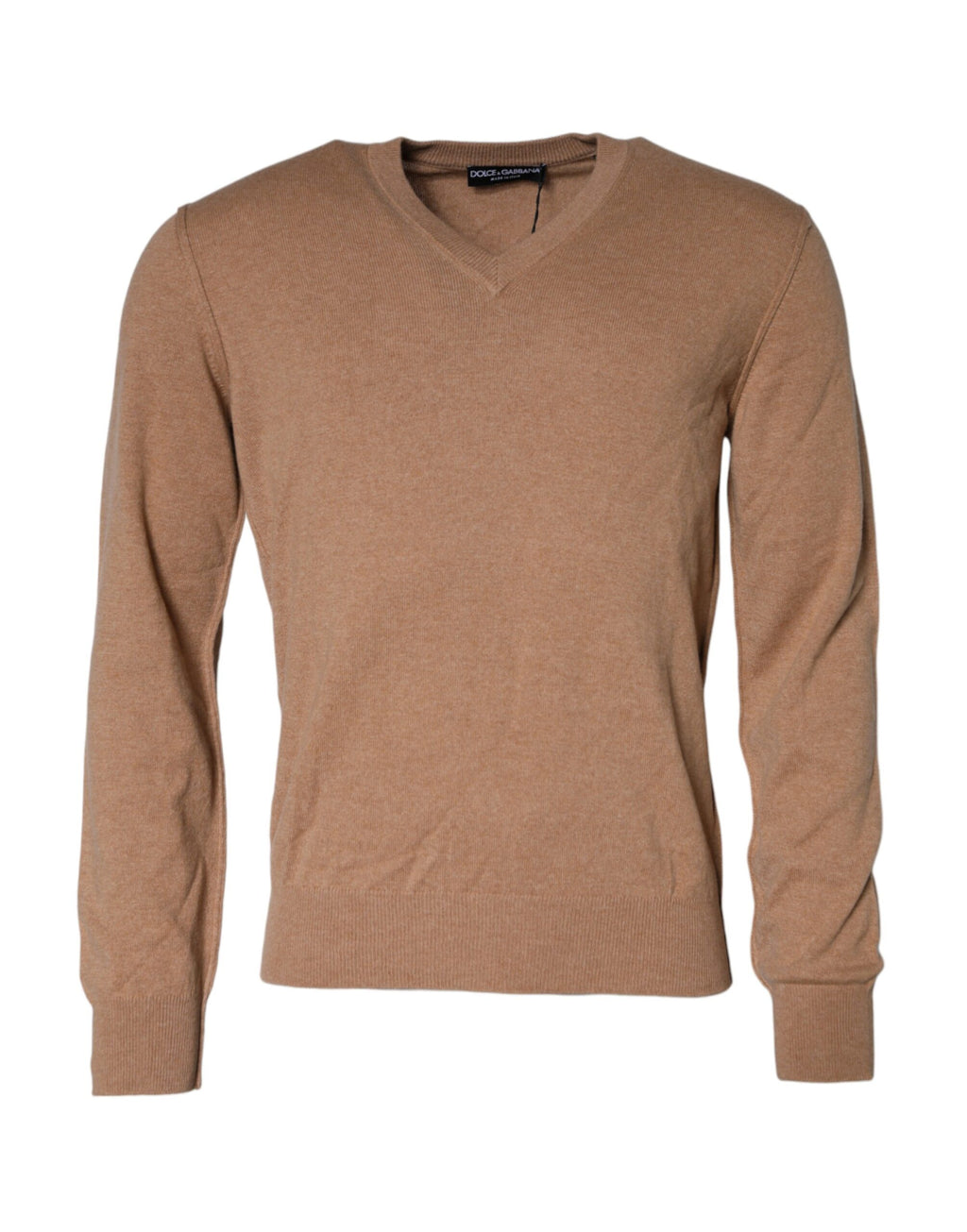 Pull en cachemire marron Dolce & Gabbana avec col en V, tricoté, élégant et confortable, visible en gros plan.