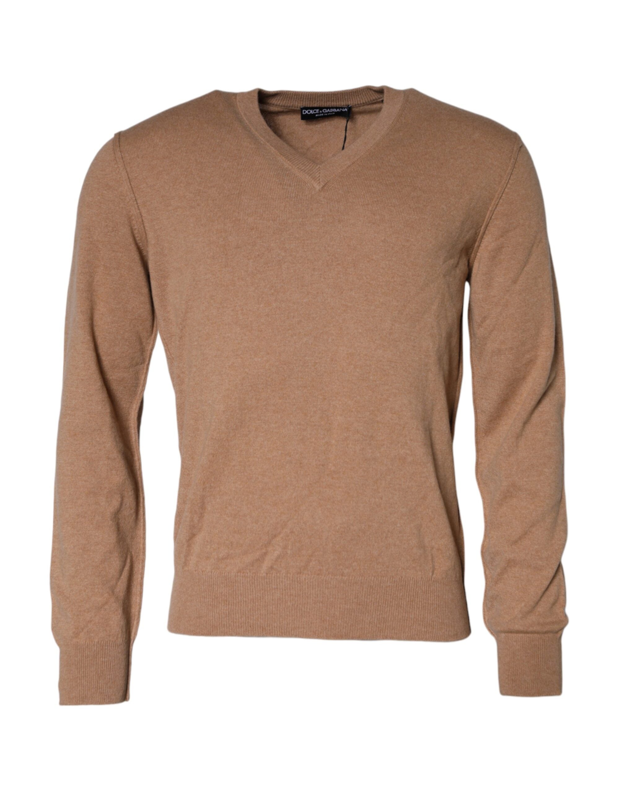 Pull en cachemire marron Dolce & Gabbana avec col en V, pull-over élégant et confortable pour homme ou femme.