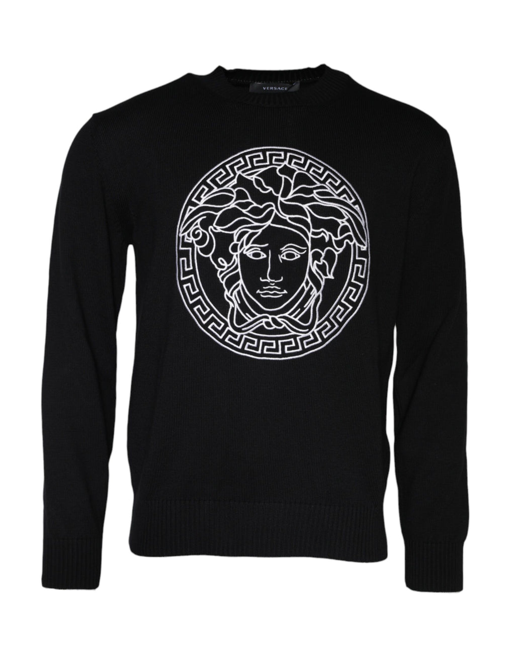 Pull-over noir Versace avec broderie Méduse, col rond et design élégant, en tissu confortable et luxueux.