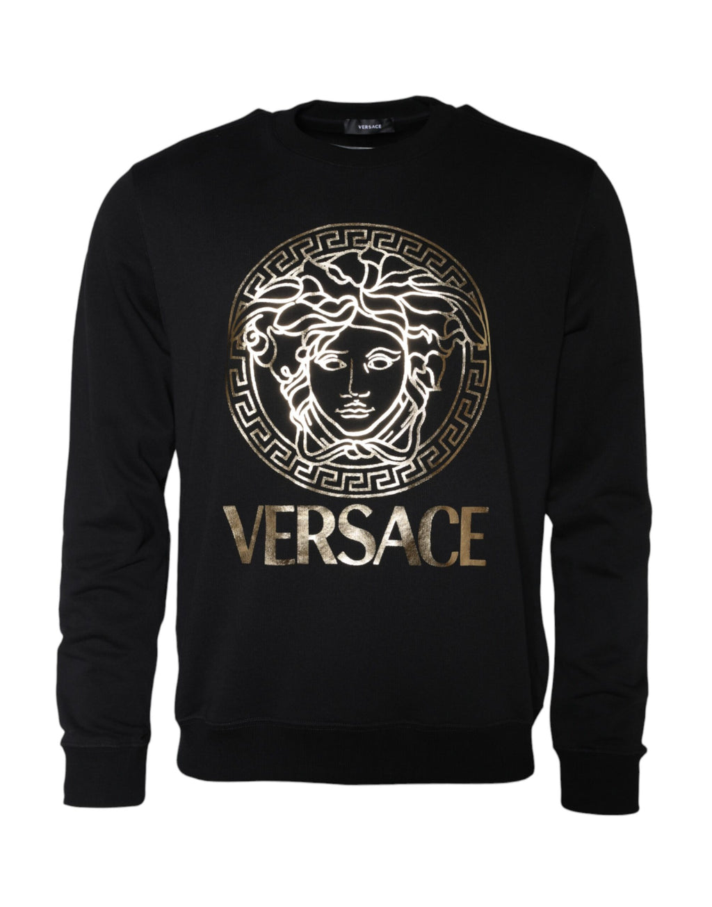 Sweat-shirt à col rond en coton noir avec motif Méduse de Versace, style décontracté et confortable.