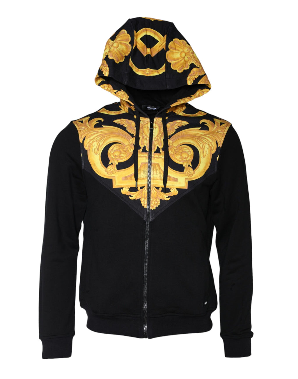 Sweat à capuche en coton noir Versace avec motif Medusa imprimé, fermeture éclair complète, style élégant et moderne.