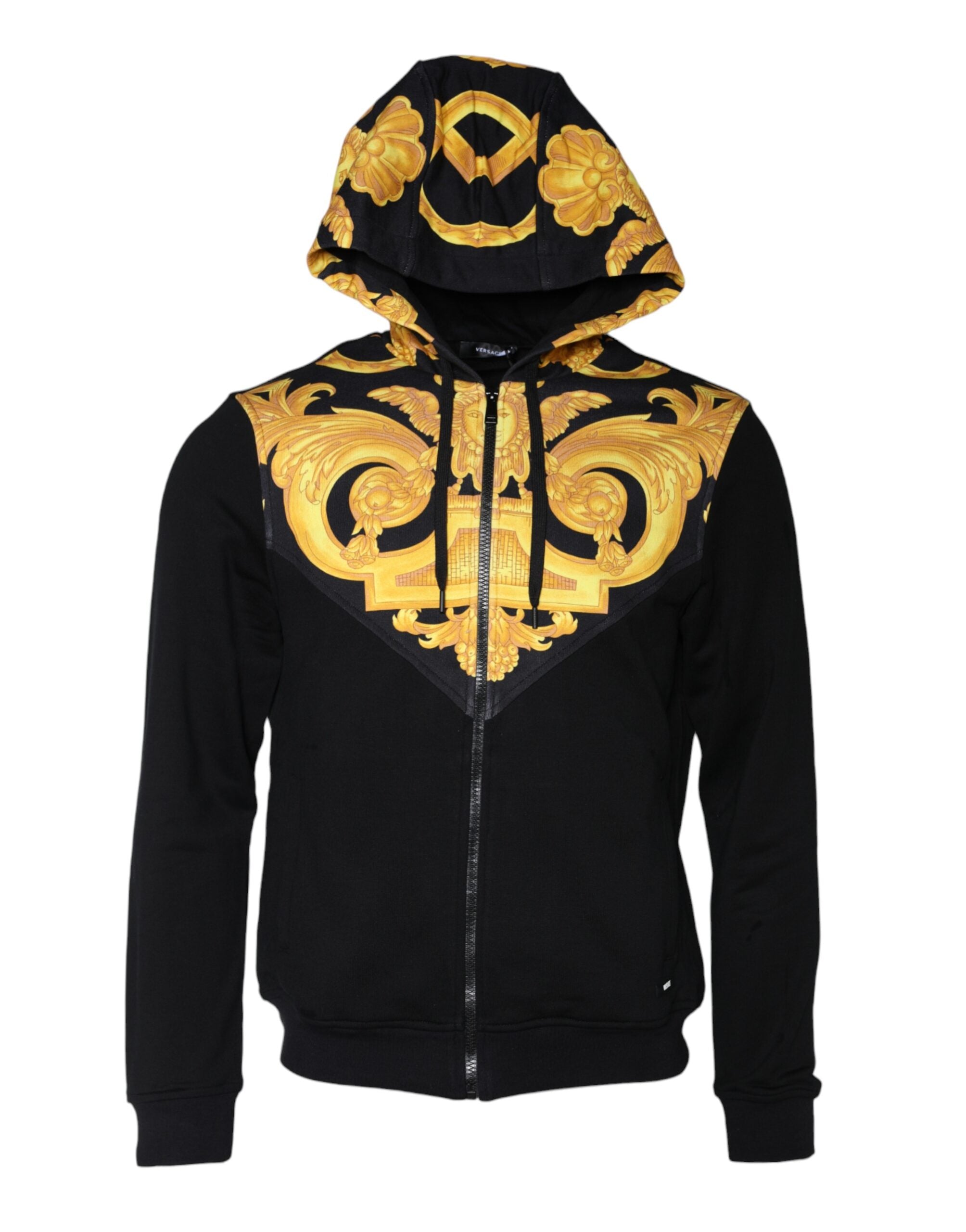 Sweat à capuche en coton noir Versace avec motif Medusa imprimé, fermeture éclair complète, style élégant et moderne.