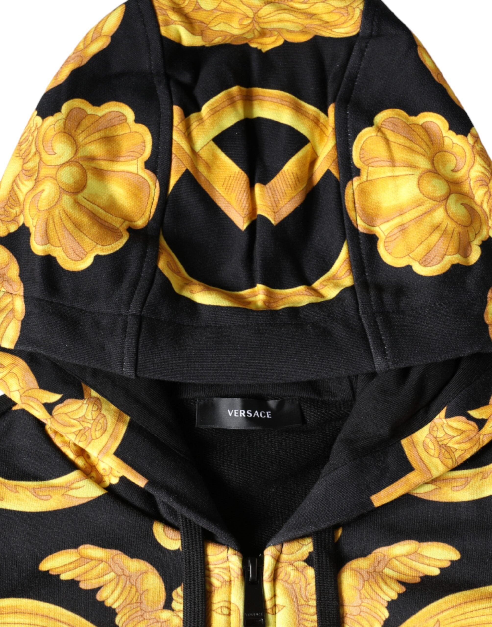 Sweat à capuche en coton noir Versace avec imprimé Medusa, fermeture éclair complète, style décontracté et élégant.