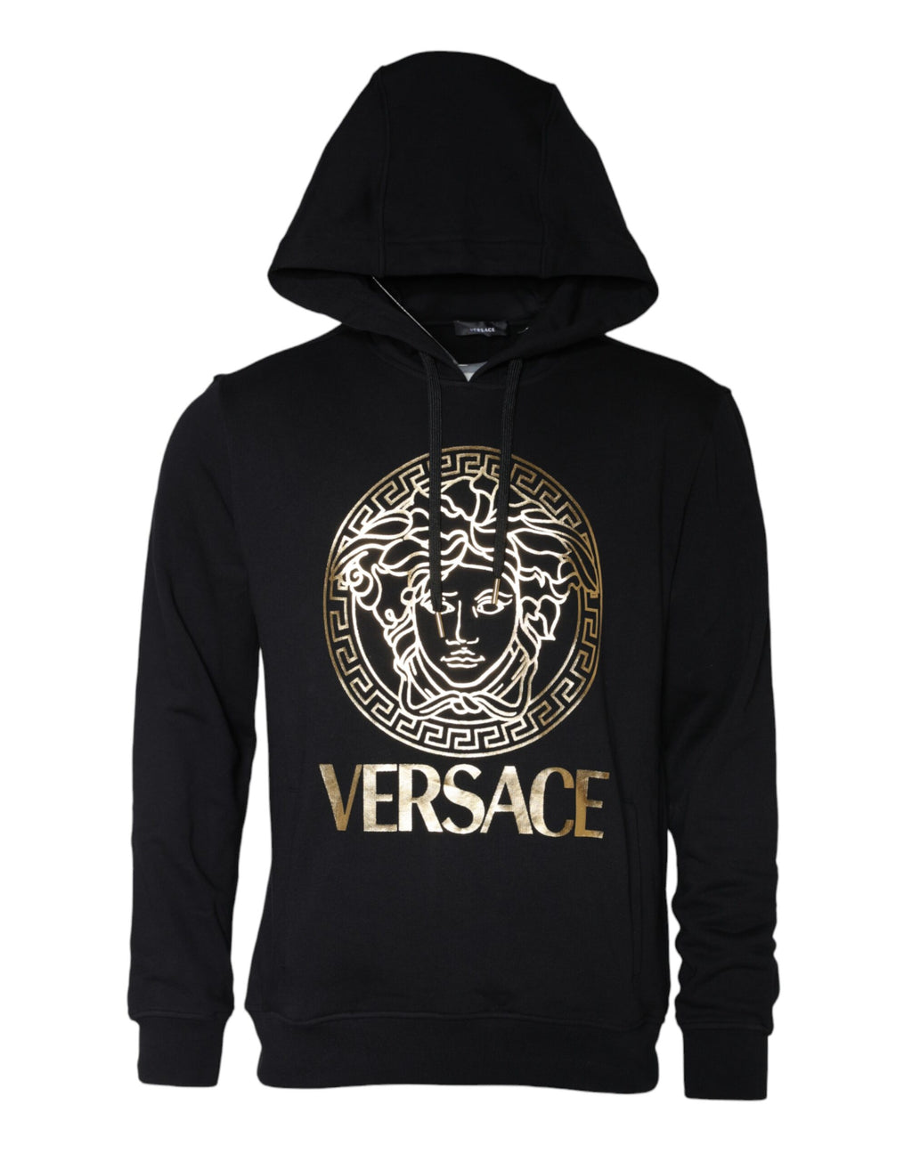 Sweat à capuche noir Versace avec imprimé Méduse en coton, style pull-over élégant et confortable.