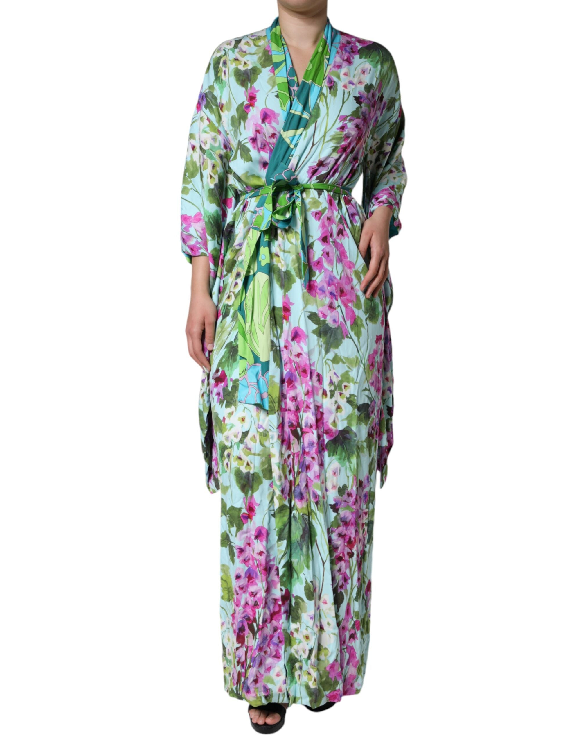 Robe Dolce & Gabbana en soie extensible à fleurs multicolores, coupe portefeuille sophistiquée, vue de face.