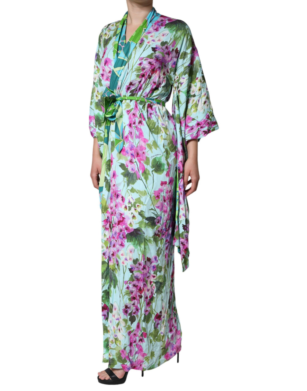 Robe portefeuille en soie multicolore à fleurs de Dolce & Gabbana, élégante et ajustée, avec motif floral vibrant.