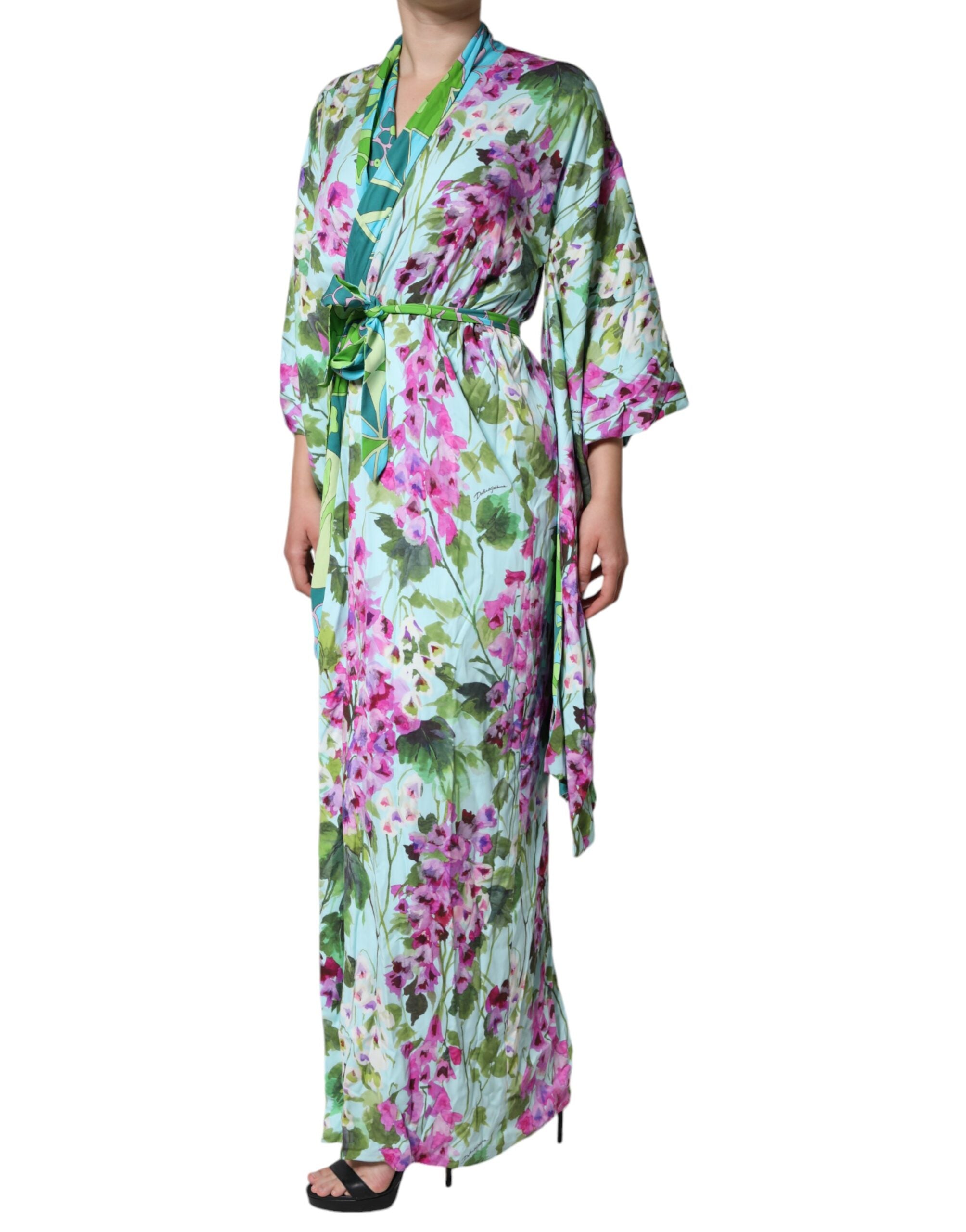 Robe portefeuille en soie multicolore à fleurs de Dolce & Gabbana, élégante et ajustée, avec motif floral vibrant.