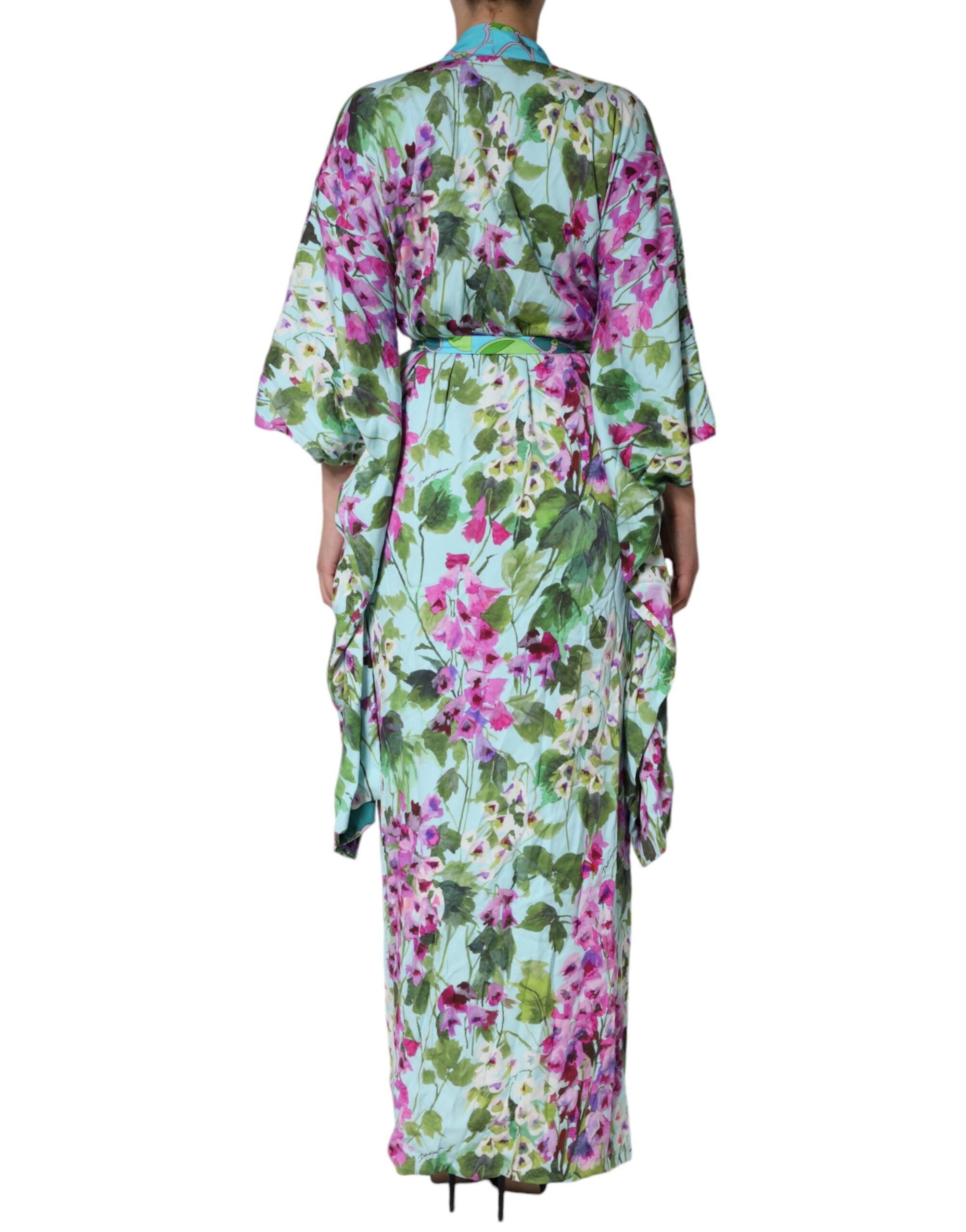 Robe portefeuille en soie multicolore à fleurs de Dolce & Gabbana, élégante et ajustée, avec motif floral vibrant.