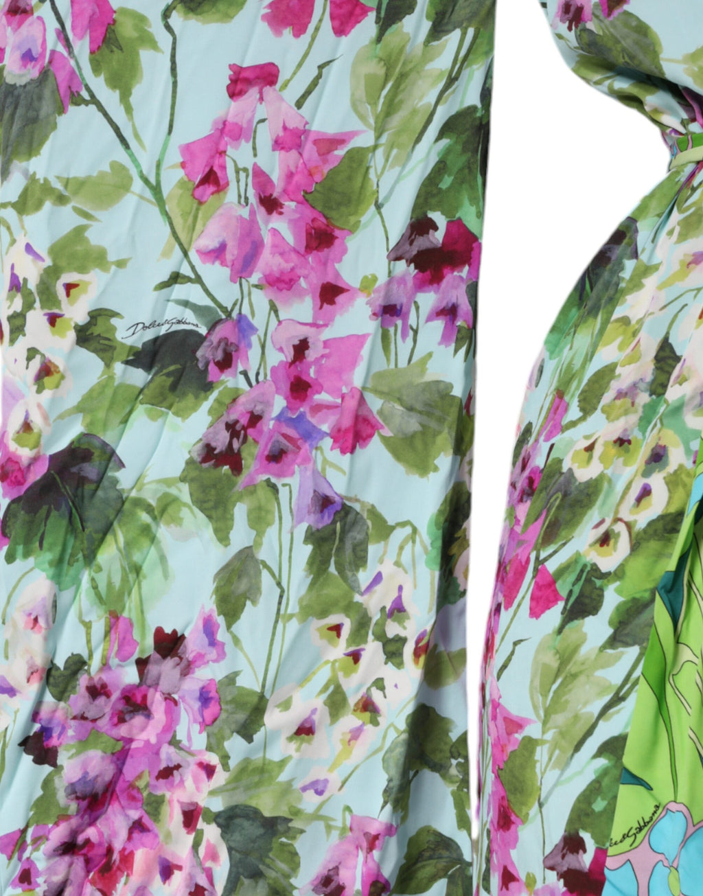 Robe portefeuille en soie multicolore à fleurs de Dolce & Gabbana, élégante et raffinée, avec un motif floral vibrant.