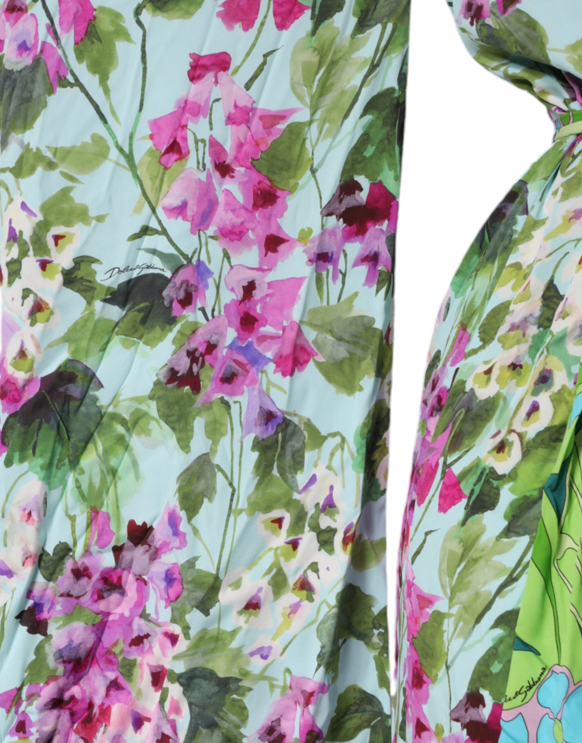 Robe portefeuille en soie multicolore à fleurs de Dolce & Gabbana, élégante et raffinée, avec un motif floral vibrant.