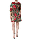 Robe en coton Dolce & Gabbana à motif léopard marron, roses rouges, coupe en ligne A, vêtement élégant pour femmes.