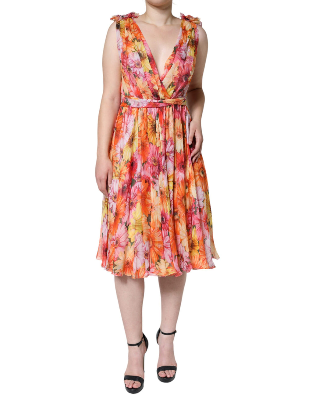 Robe midi sans manches Dolce & Gabbana à fleurs multicolores, décolleté en V, style élégant et floral.