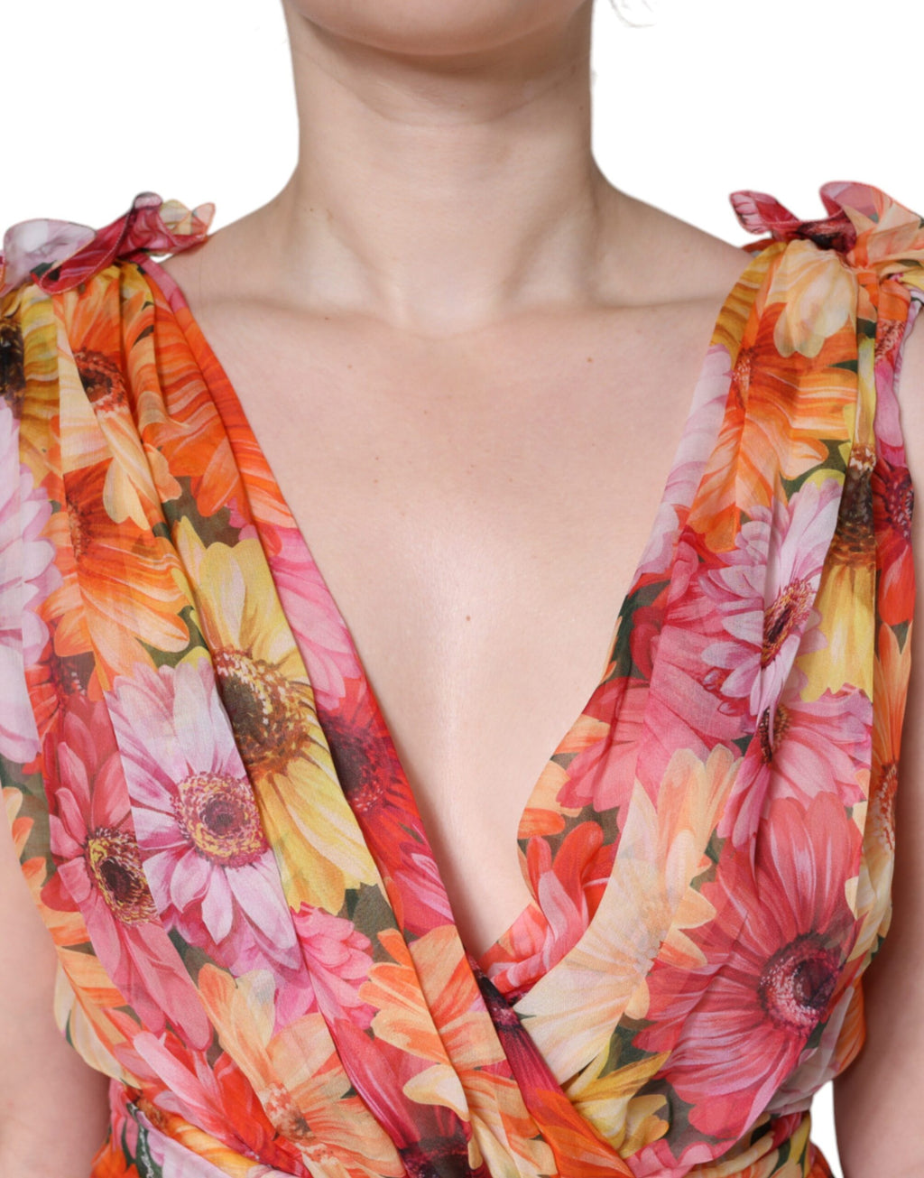 Robe midi sans manches Dolce & Gabbana à fleurs multicolores, col en V, design élégant et floral.