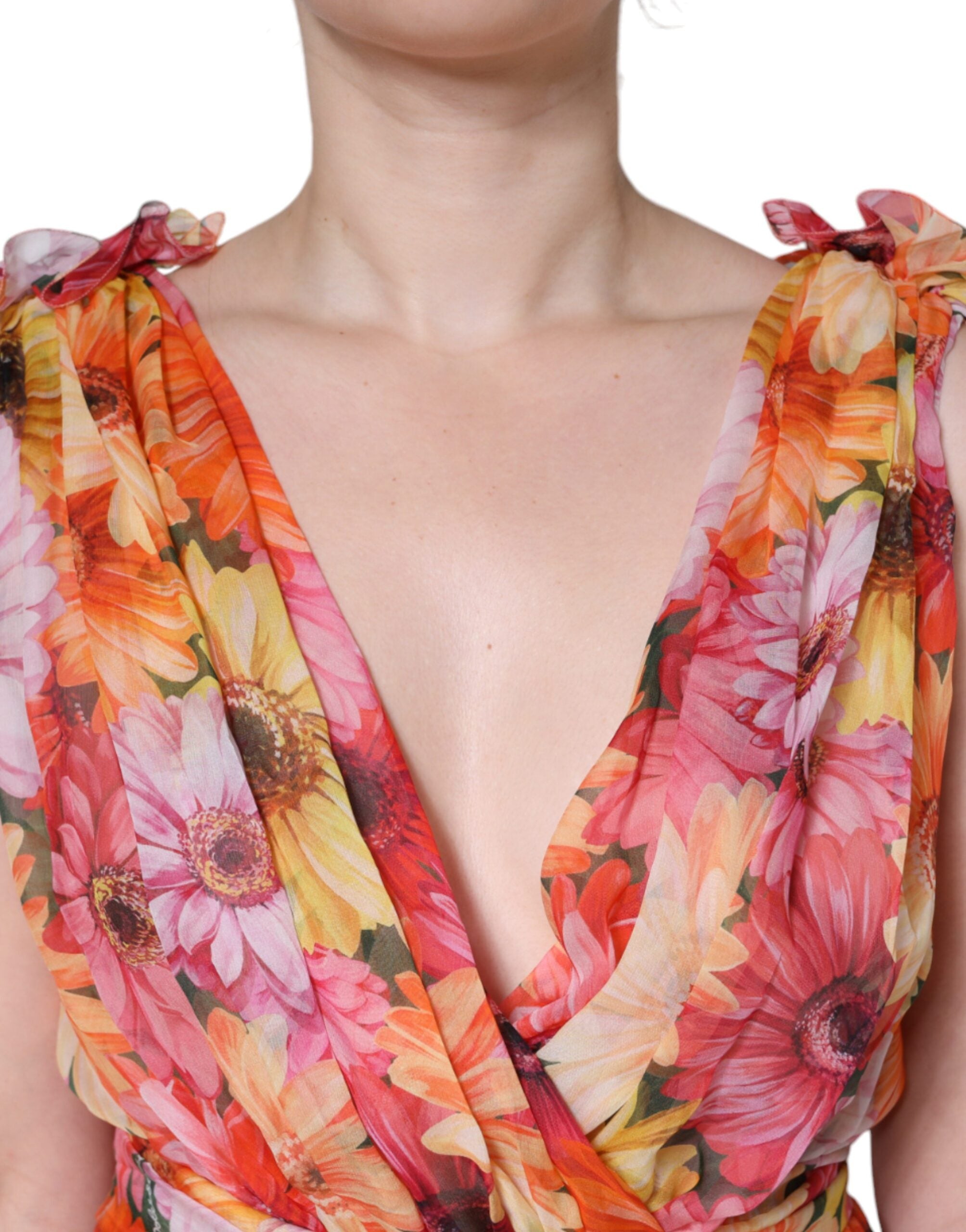 Robe midi sans manches Dolce & Gabbana à fleurs multicolores, col en V, design élégant et floral.