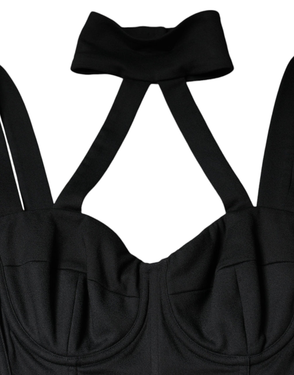 Robe mini noire sans manches Dolce & Gabbana, coupe ajustée et détails découpés, vêtement élégant pour occasions spéciales.