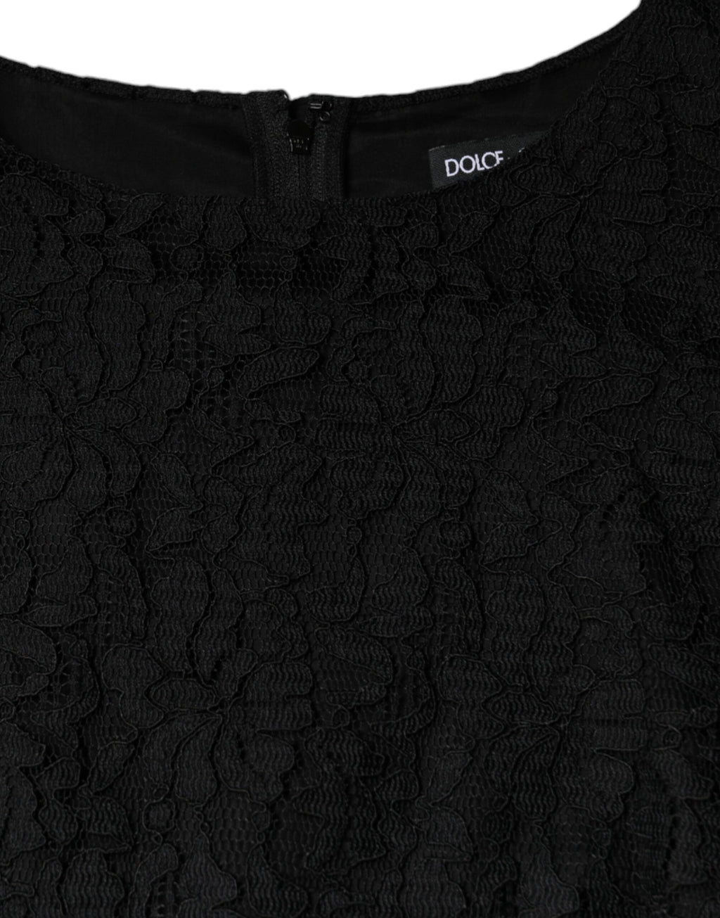 Robe courte sans manches Dolce & Gabbana en dentelle florale noire, silhouette ajustée et élégante.