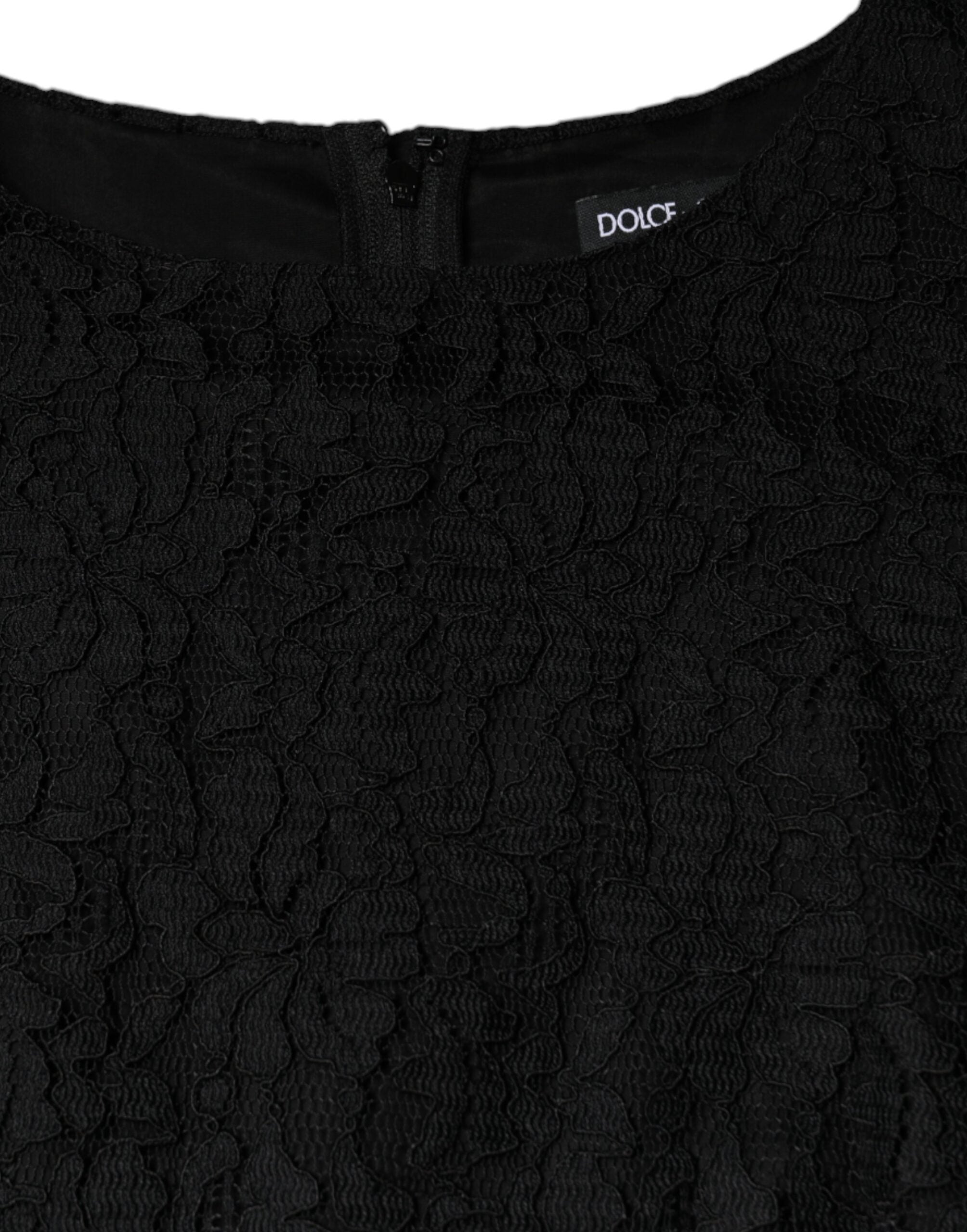Robe courte sans manches Dolce & Gabbana en dentelle florale noire, silhouette ajustée et élégante.
