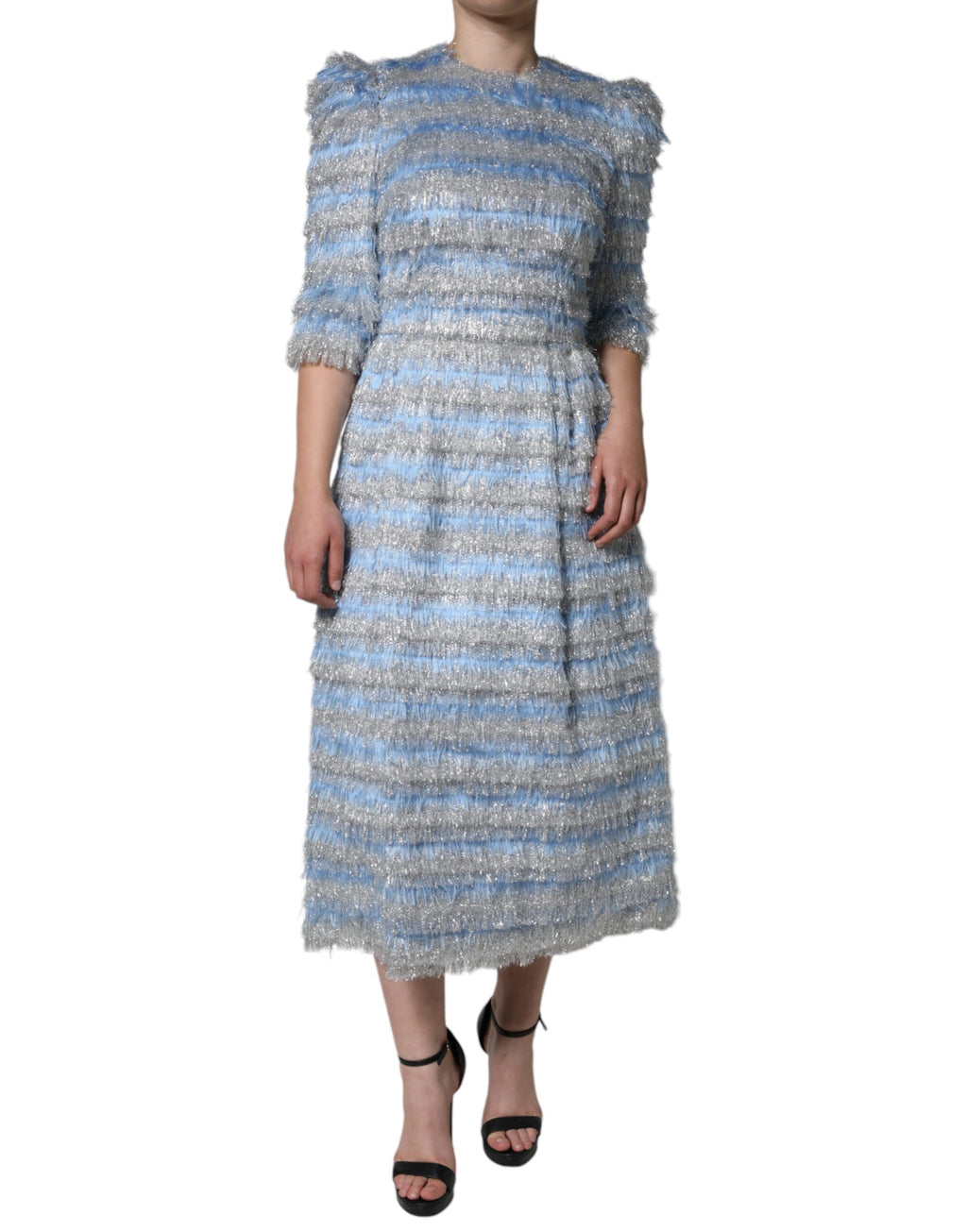 Robe midi en jacquard argenté Light Blue de Dolce & Gabbana, coupe en ligne A élégante et sophistiquée.