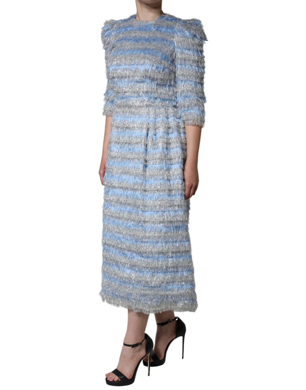 Robe midi en jacquard argenté Light Blue de Dolce & Gabbana, coupe en forme de A, élégante et sophistiquée.
