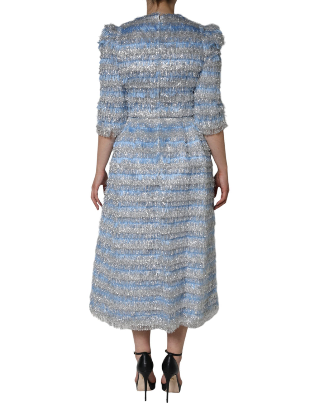 Robe midi en jacquard argenté Dolce & Gabbana Light Blue, coupe en ligne A élégante et sophistiquée.
