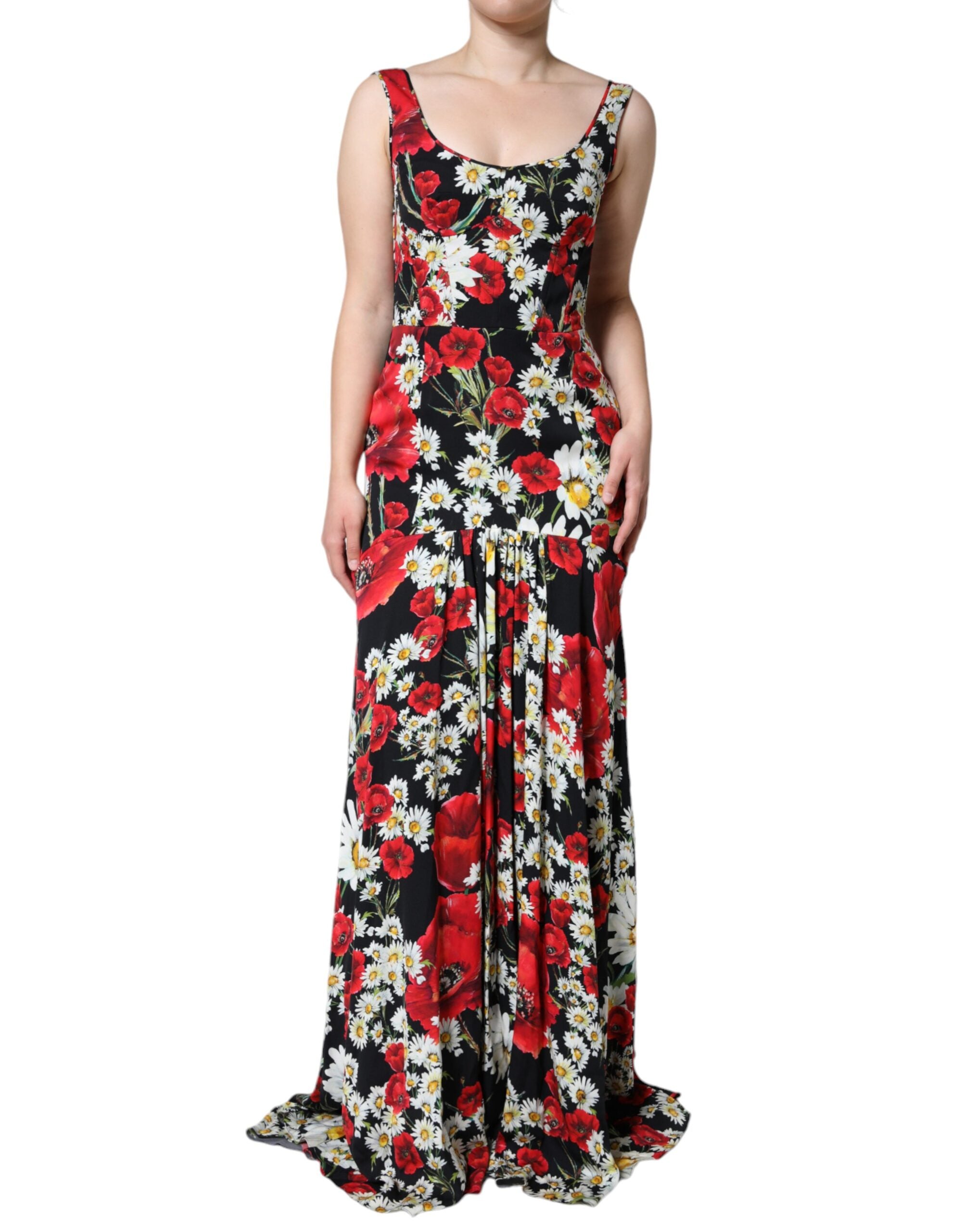 Robe longue sans manches Dolce & Gabbana en soie noire à fleurs, élégante et fluide, avec un design sophistiqué.