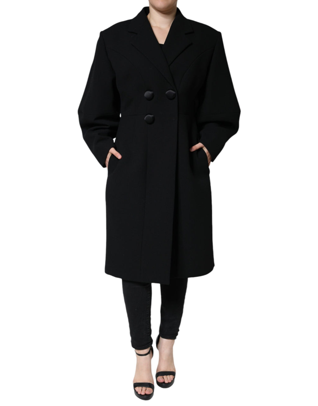 Manteau trench noir Dolce & Gabbana à double boutonnage, en tissu élégant, avec ceinture et col classique.