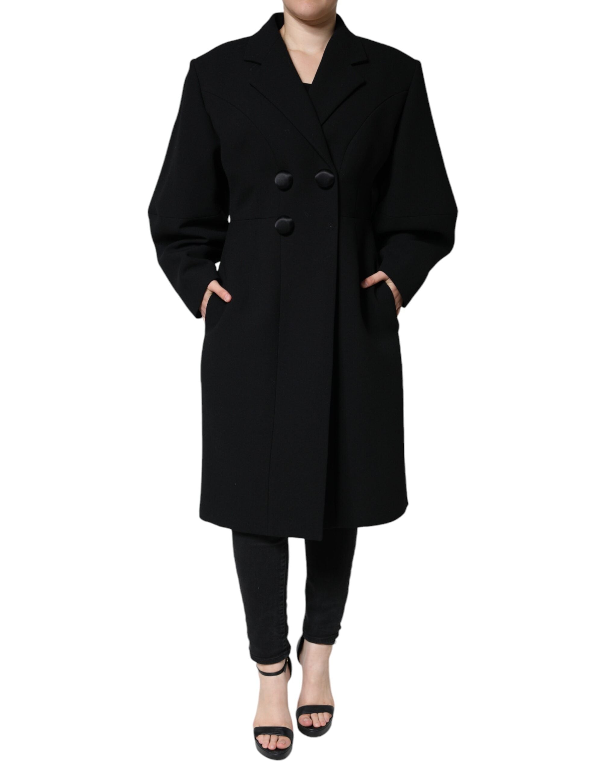 Manteau trench noir Dolce & Gabbana à double boutonnage, en tissu élégant, avec ceinture et col classique.