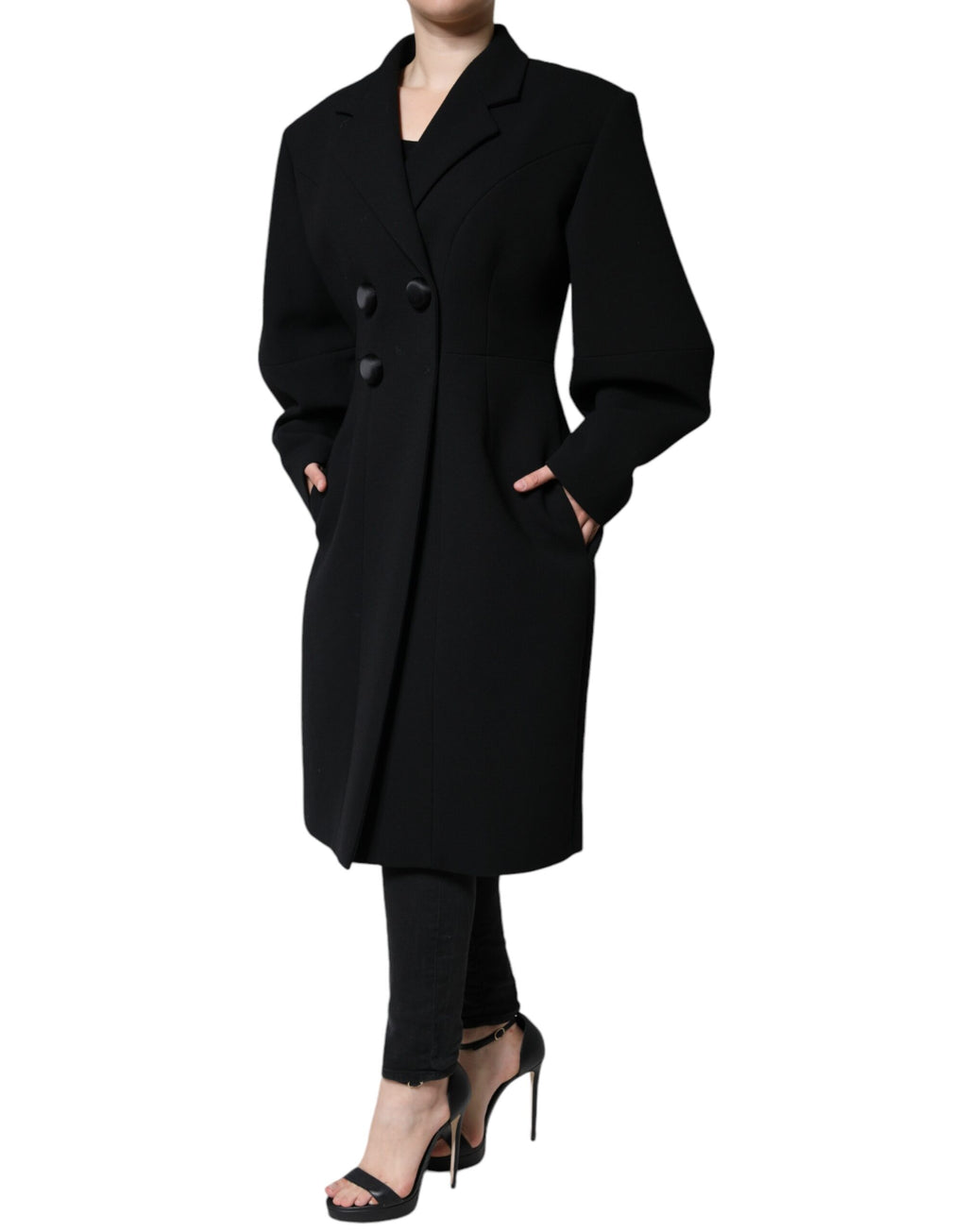 Manteau trench noir à double boutonnage de Dolce & Gabbana, veste élégante en tissu épais, vue de face avec col classique.