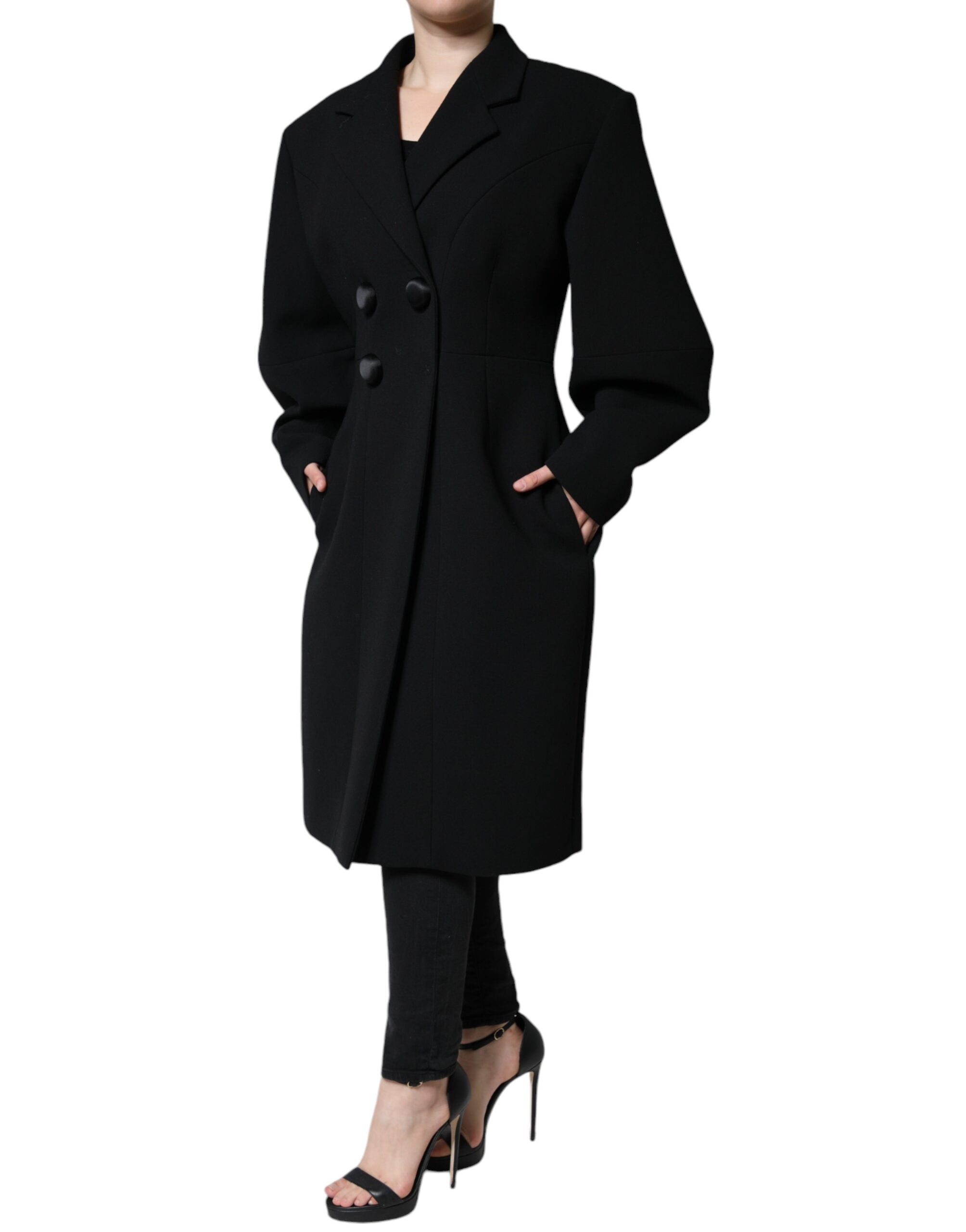 Manteau trench noir à double boutonnage de Dolce & Gabbana, veste élégante en tissu épais, vue de face avec col classique.