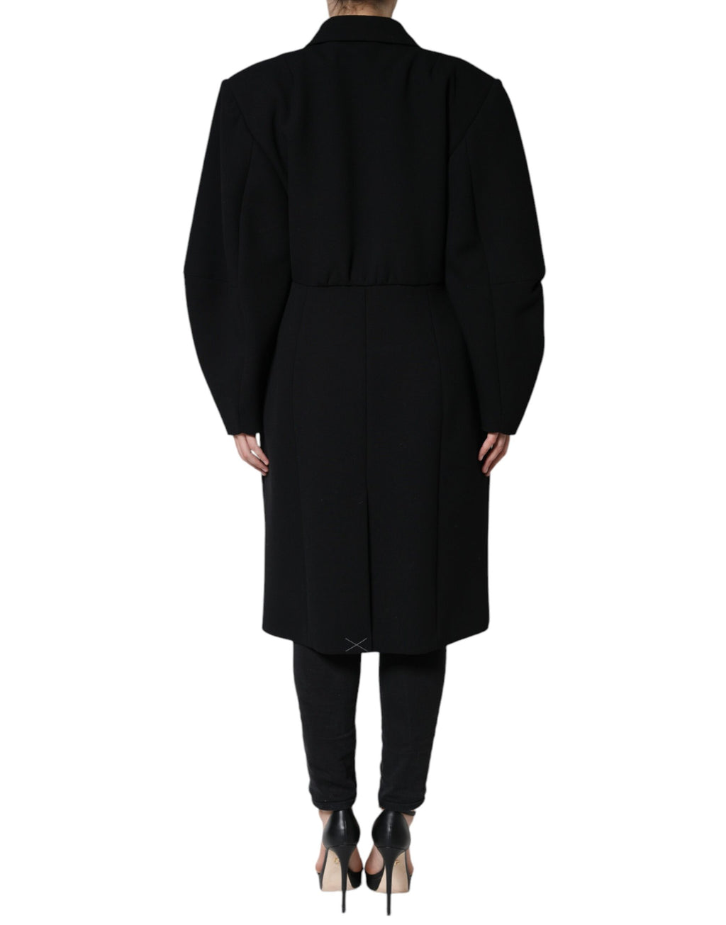 Manteau trench noir à double boutonnage de Dolce & Gabbana, veste élégante en tissu, vue de face sur fond blanc.