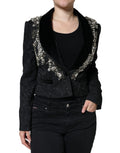 Veste blazer noire en jacquard Dolce & Gabbana avec broderies florales en cristaux, élégante et sophistiquée.