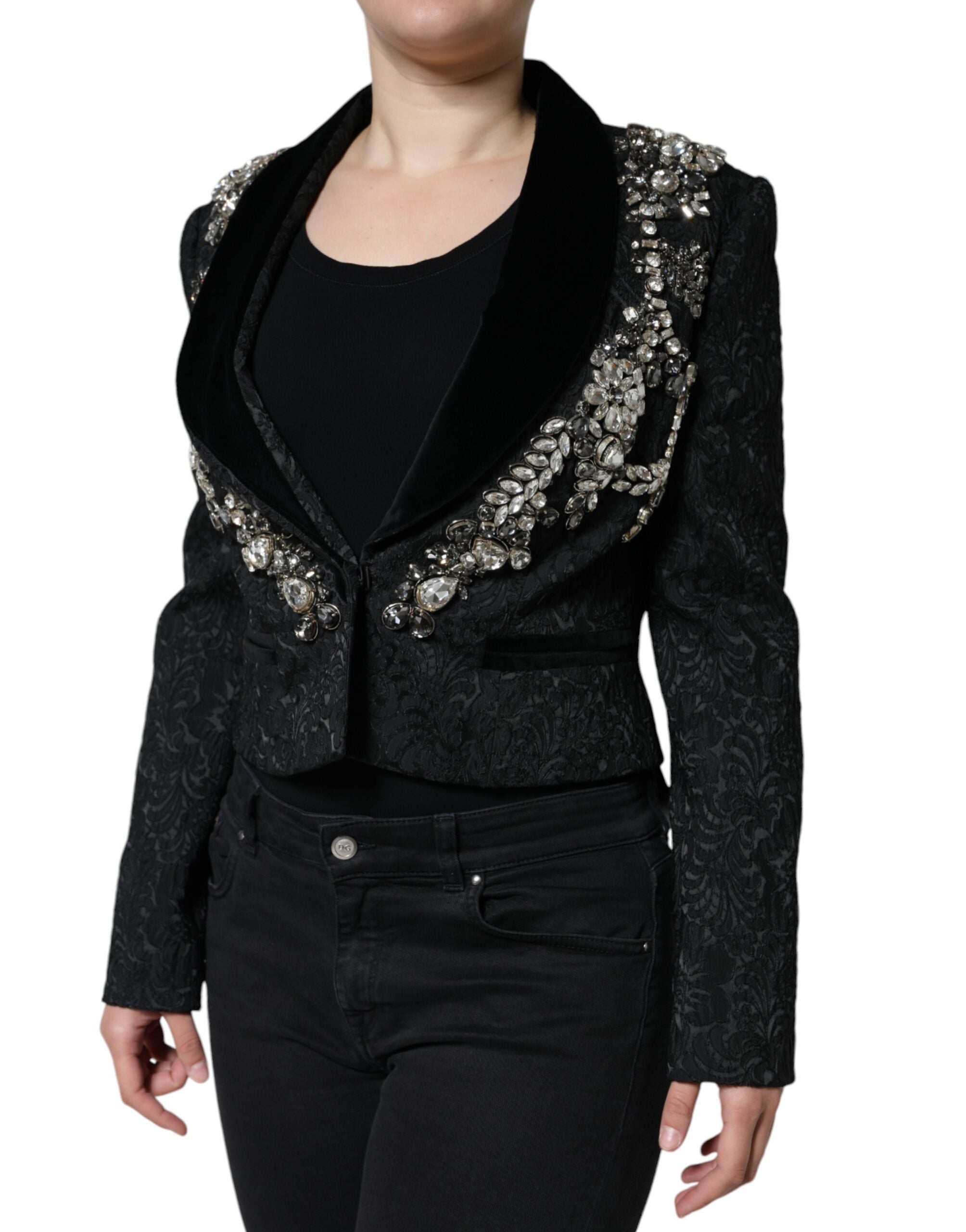 Veste blazer Dolce & Gabbana en jacquard noir avec motifs floraux en cristal, élégante et sophistiquée.