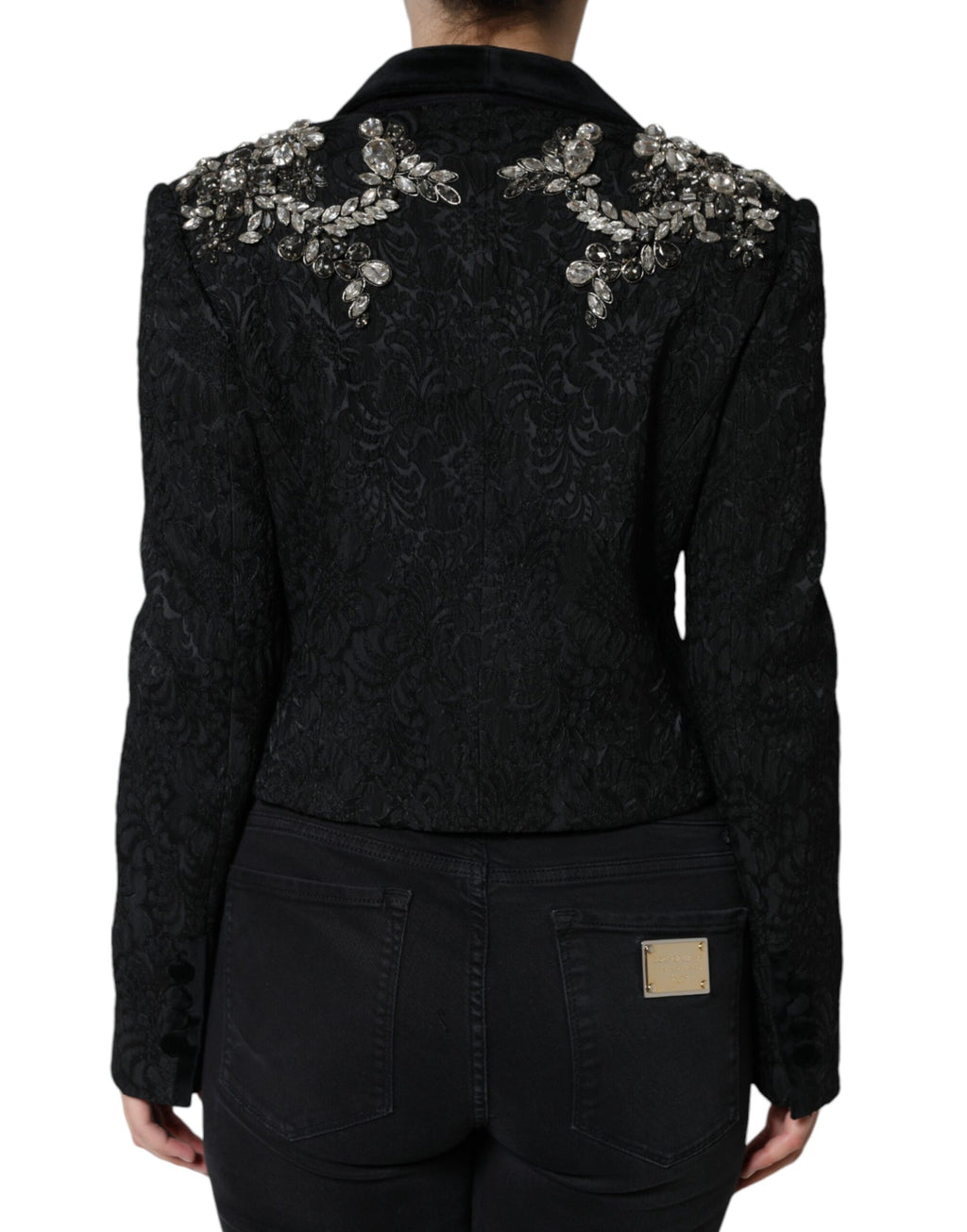 Veste blazer Dolce & Gabbana en jacquard noir avec motifs floraux en cristal, élégante et sophistiquée.