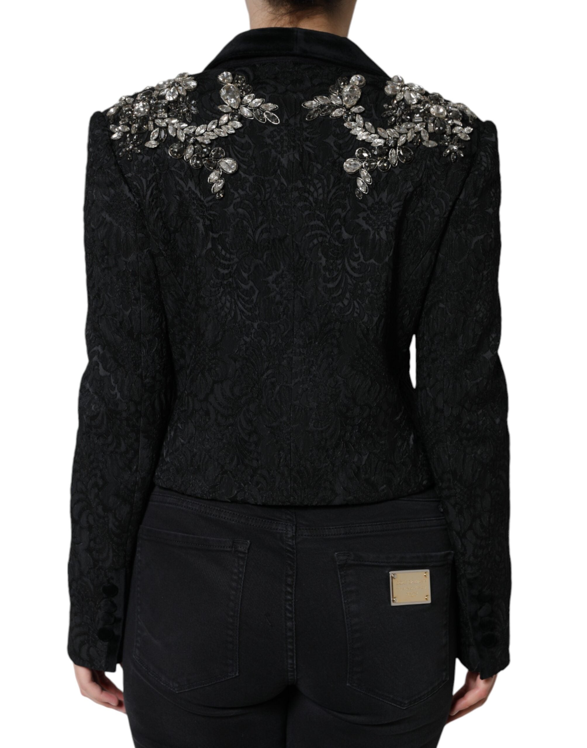 Veste blazer Dolce & Gabbana en jacquard noir avec motifs floraux en cristal, élégante et sophistiquée.