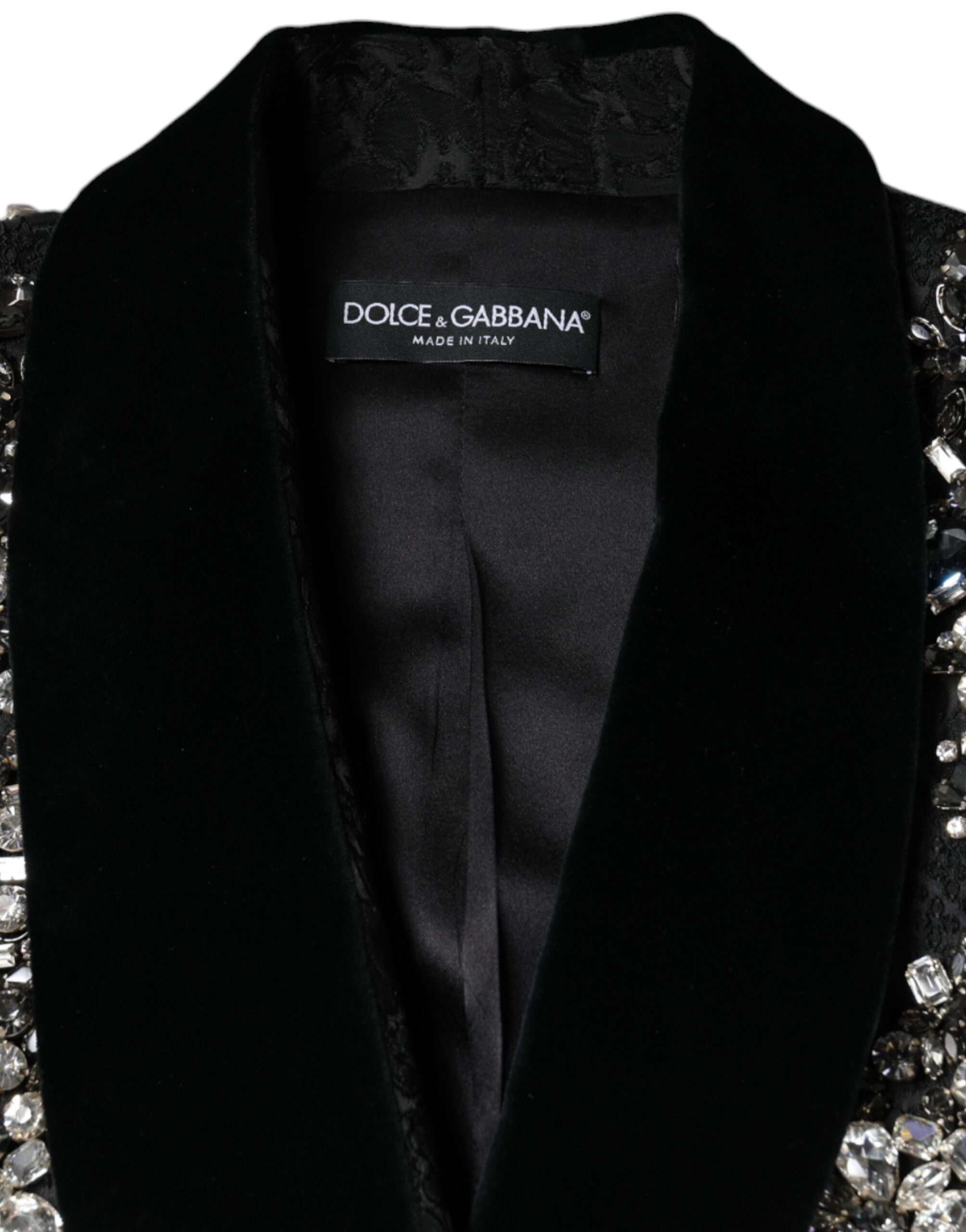 Veste blazer en jacquard noir Dolce & Gabbana avec broderies florales en cristal, élégante et sophistiquée.