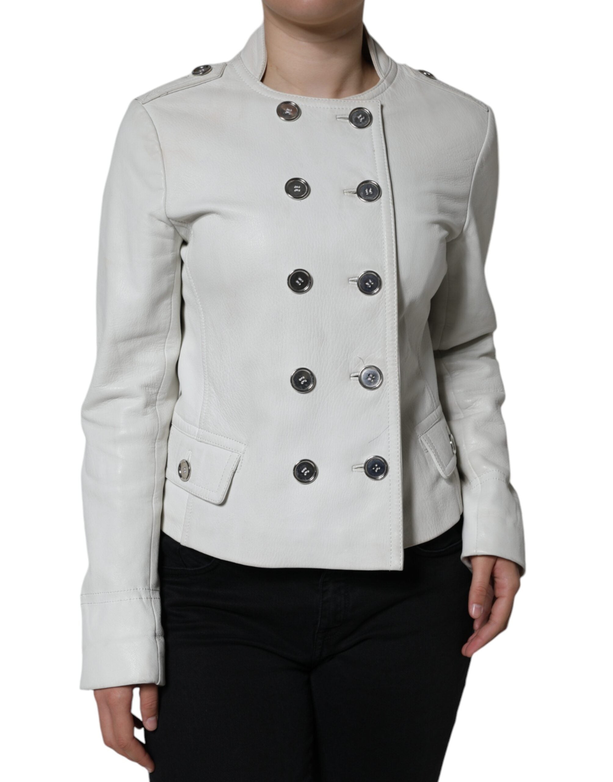Veste blazer blanche à double boutonnage Dolce & Gabbana, élégant manteau pour femme avec coupe structurée.