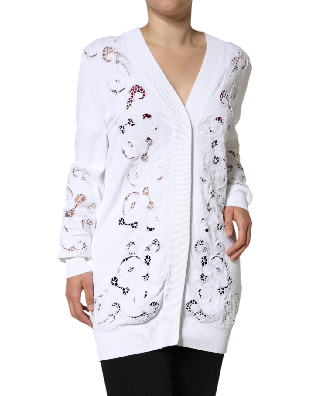 Cardigan blanc en viscose Dolce & Gabbana avec motifs floraux et détails découpés, style élégant et féminin.