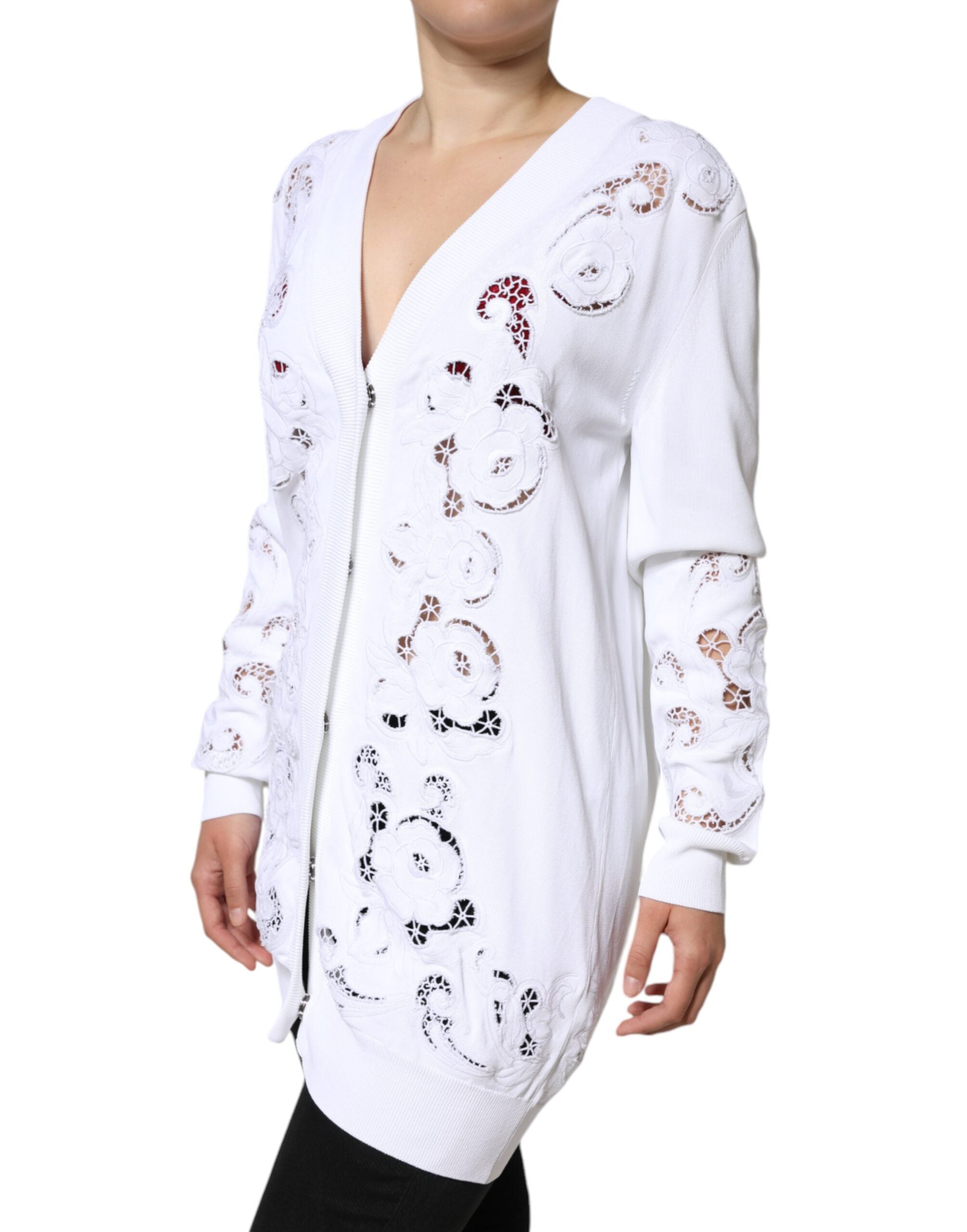 Cardigan blanc Dolce & Gabbana en viscose avec motifs floraux et découpes élégantes, à porter pour un style chic.